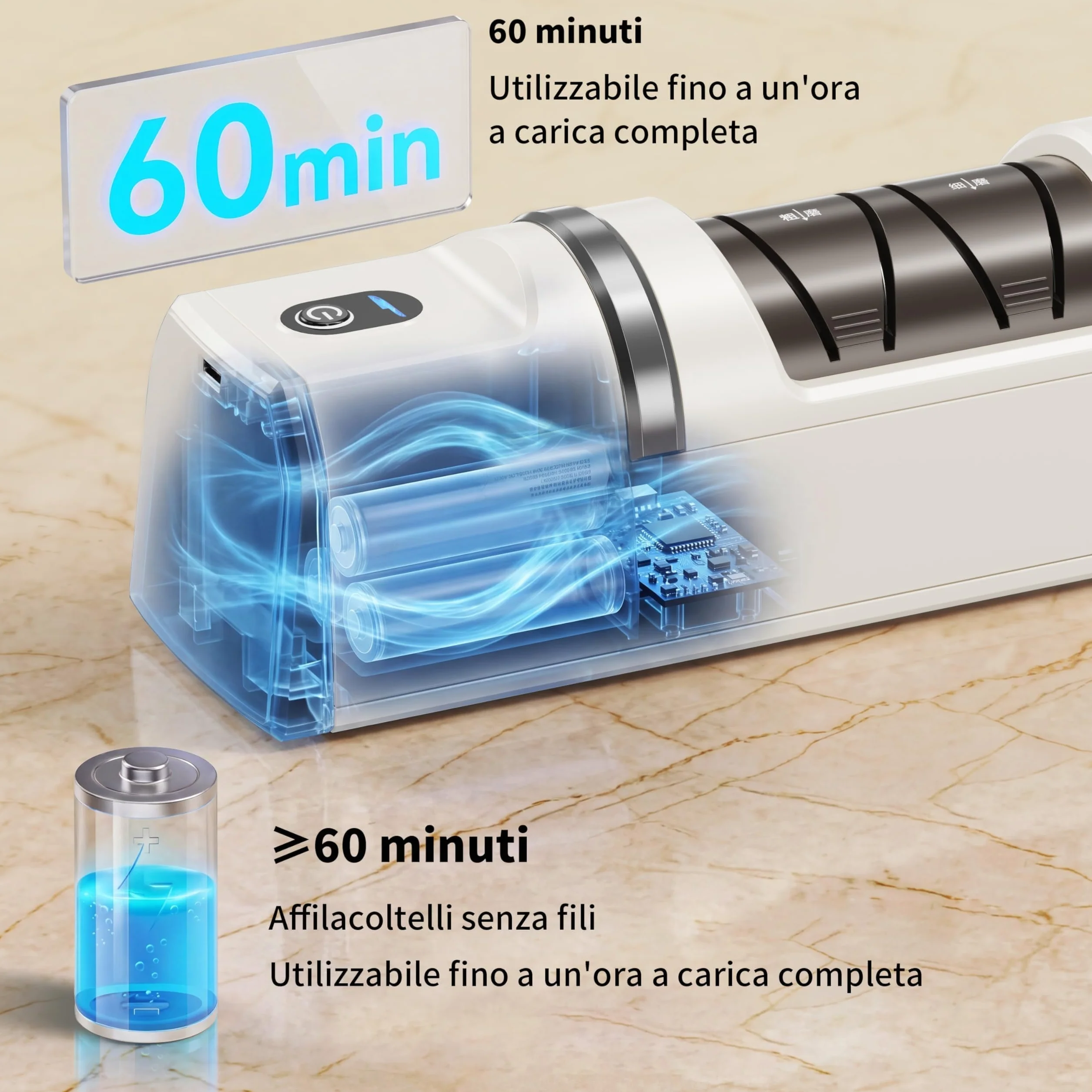 Affilacoltelli elettrico 5 in 1 3 velocità, ricaricabile con diamante per affilatura grossolana e fine