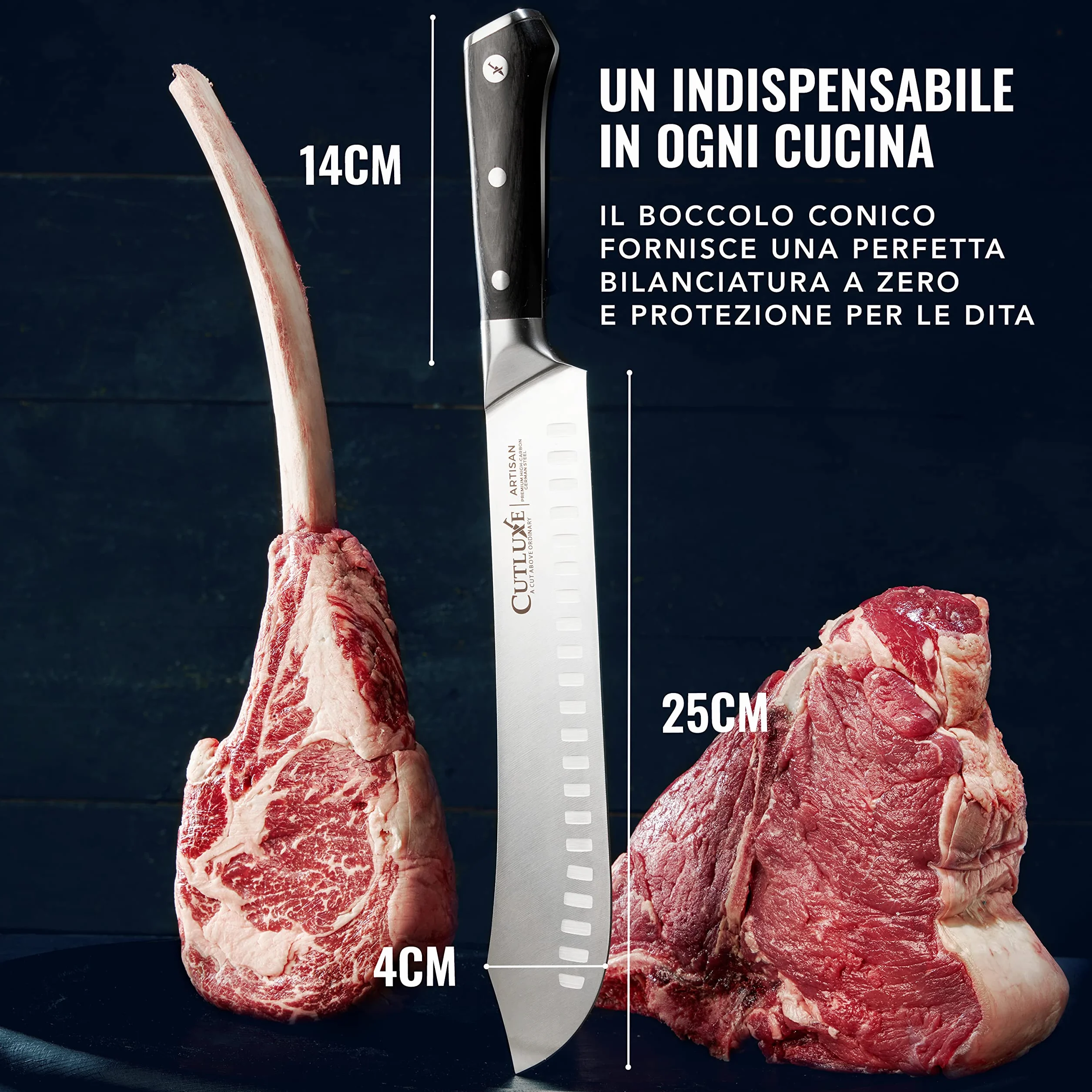 Cutluxe Coltello da Macellaio 25cm, Coltello Bull Nose, Acciaio al Carbonio, Lama Affilata e Resistente, Artisan Series