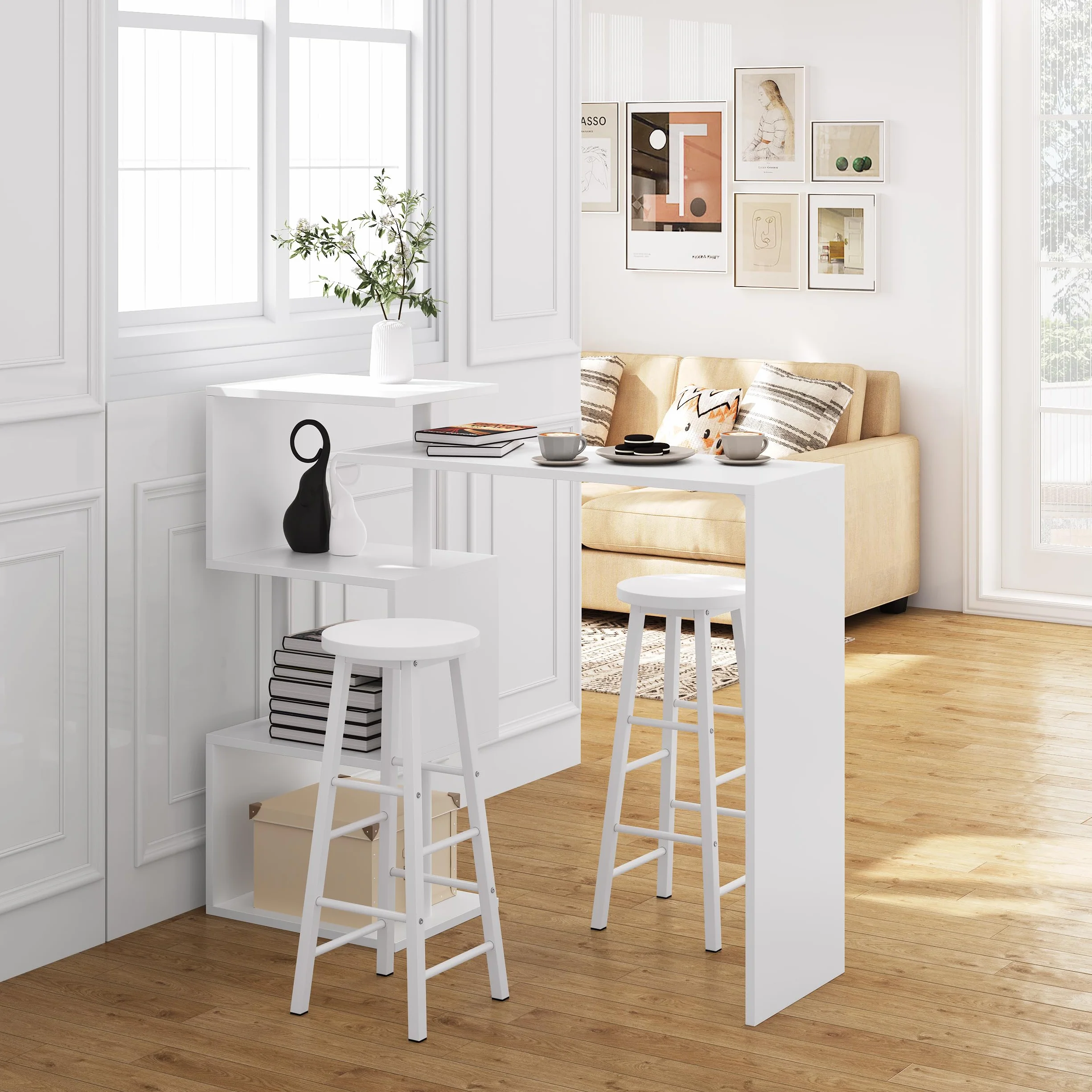 WOLTU Tavolo con 2 Sgabelli Alti Set, Mobili da Bar Bancone con ripiano portaoggetti, Tavolo Alto con Sedia in Acciaio Legno per Cucina, Bianco
