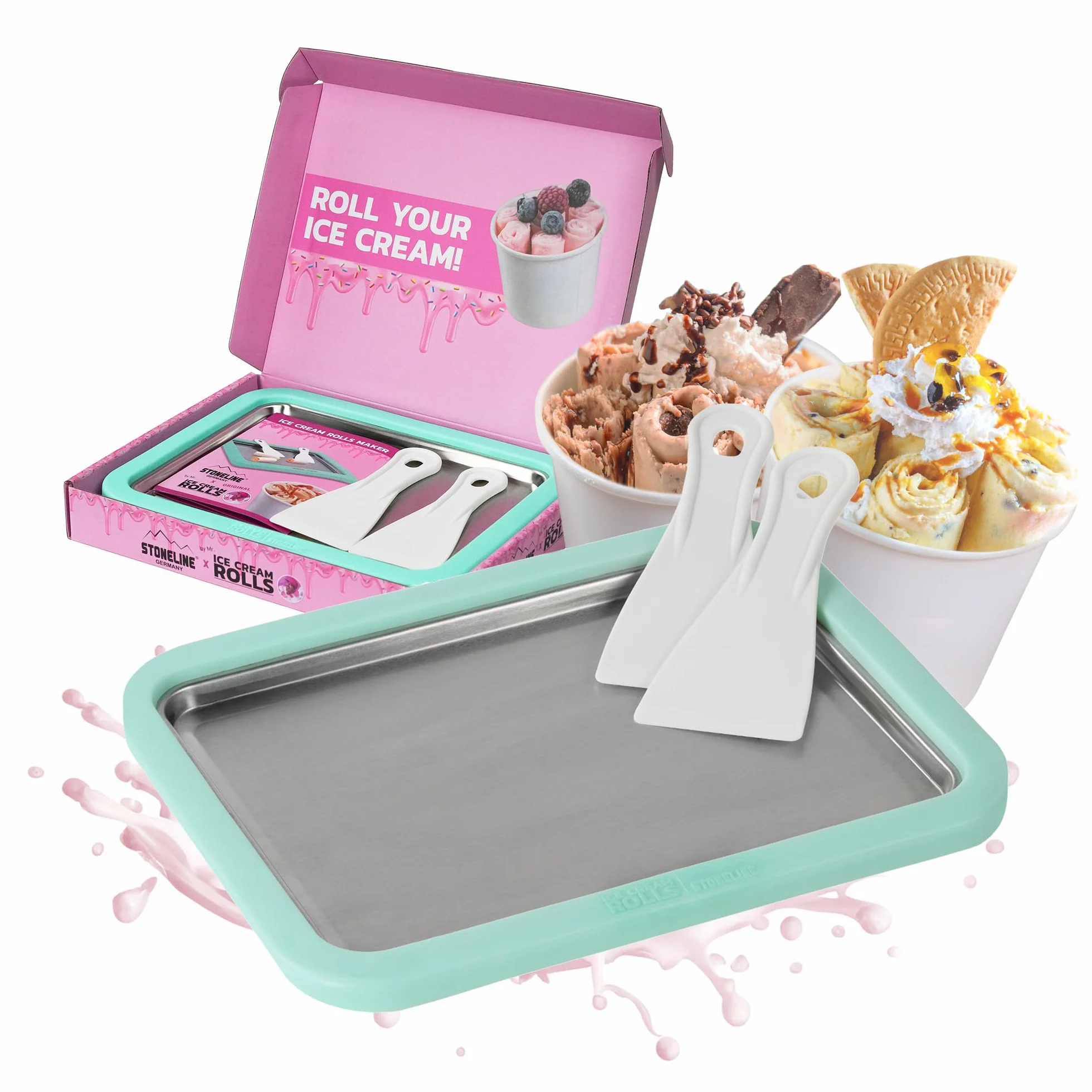 STONELINE by Mr. Ice Cream Rolls ORIGINALE Piastra di Gelato Istantaneo 26x21x3,5 cm con 2 Spatole, Macchina per Gelato Arrotolato