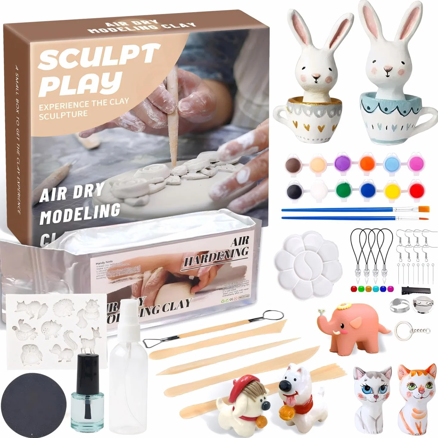 Augesak Kit Argilla Senza Cottura, Ceramica Fai da te Adulti Bambini, Pottery Kit con Attrezzi Colori Pennelli