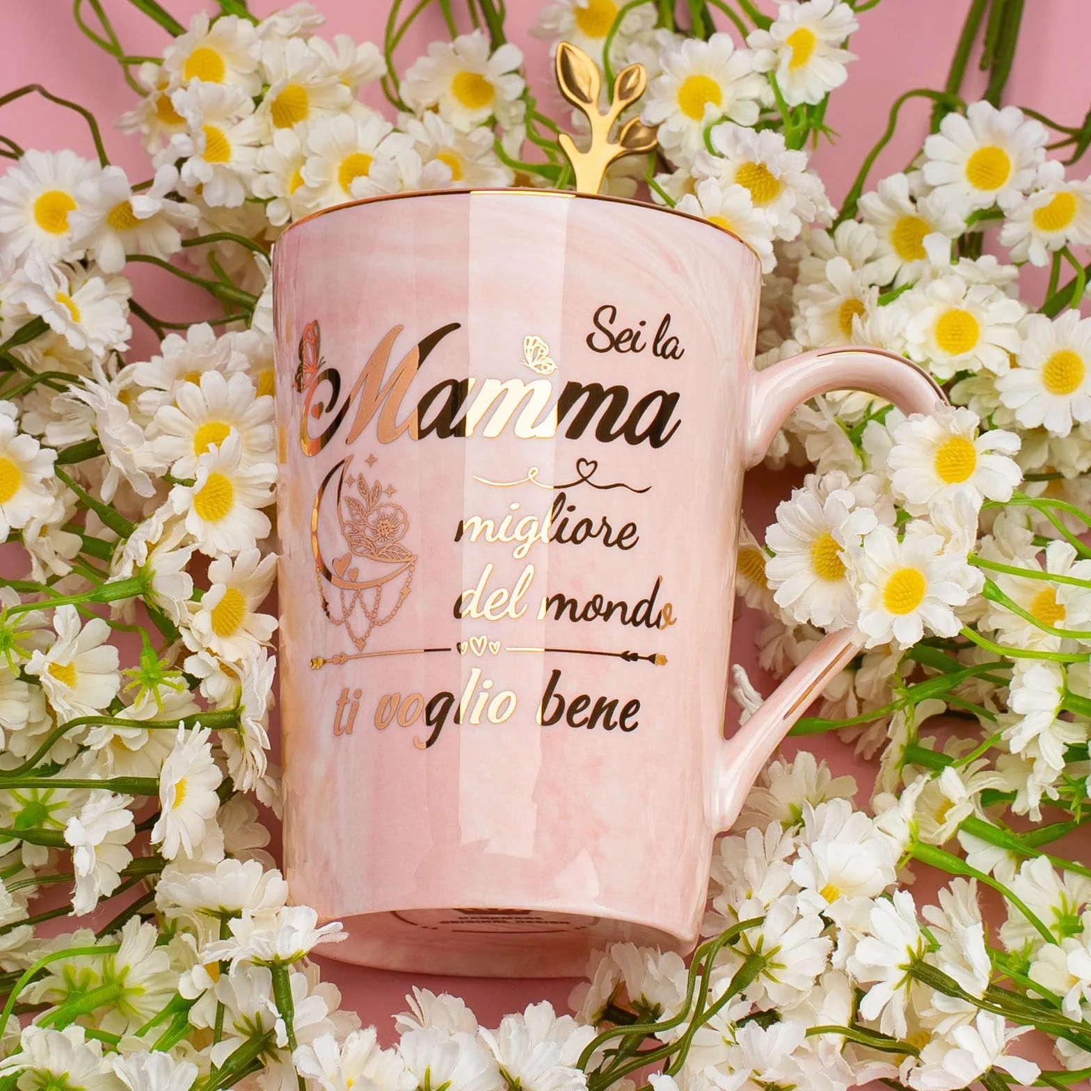 Tazza 400ml Ceramica Marmorizzata Rosa Regalo Mamma Compleanno Natale con Coperchio e Cucchiaio