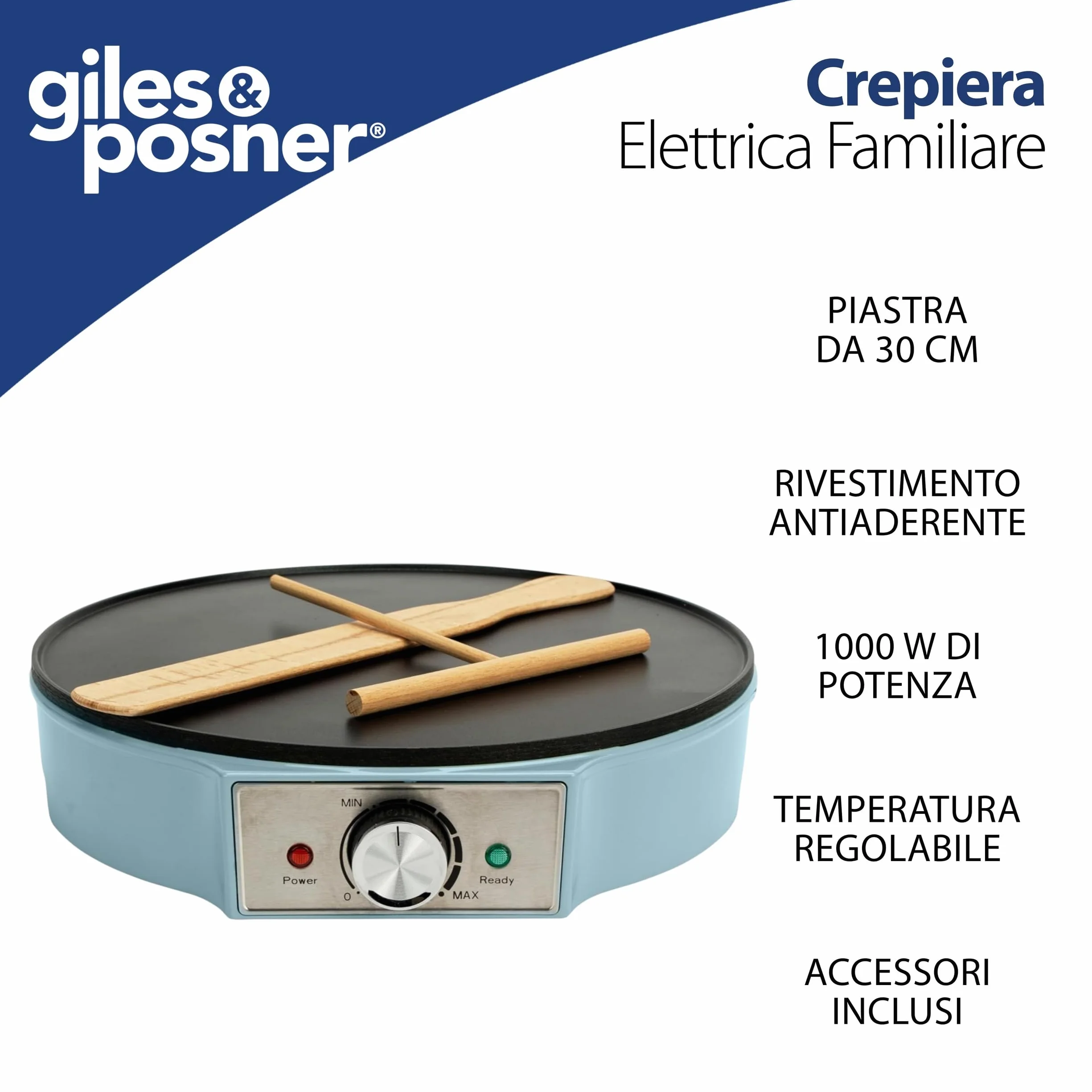 Giles & Posner Crepe Maker Piastra Elettrica Antiaderente 30 cm 1000W Temperatura Regolabile Blu