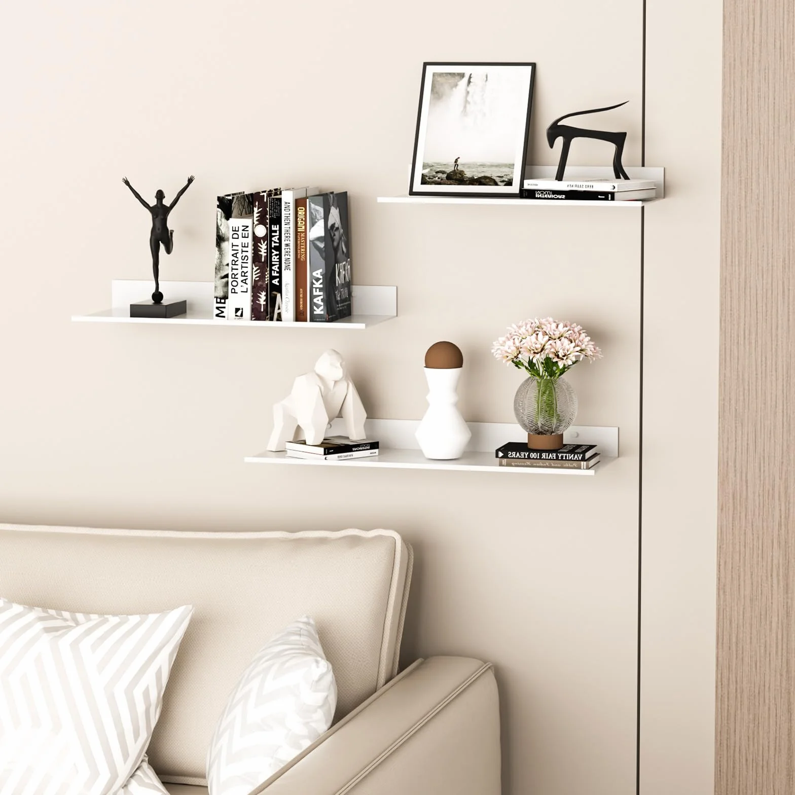 Mensole da Muro Design Bianco, Set di 3, Mensola Decorative in Metallo per Soggiorno, Camera da Letto, Cucina