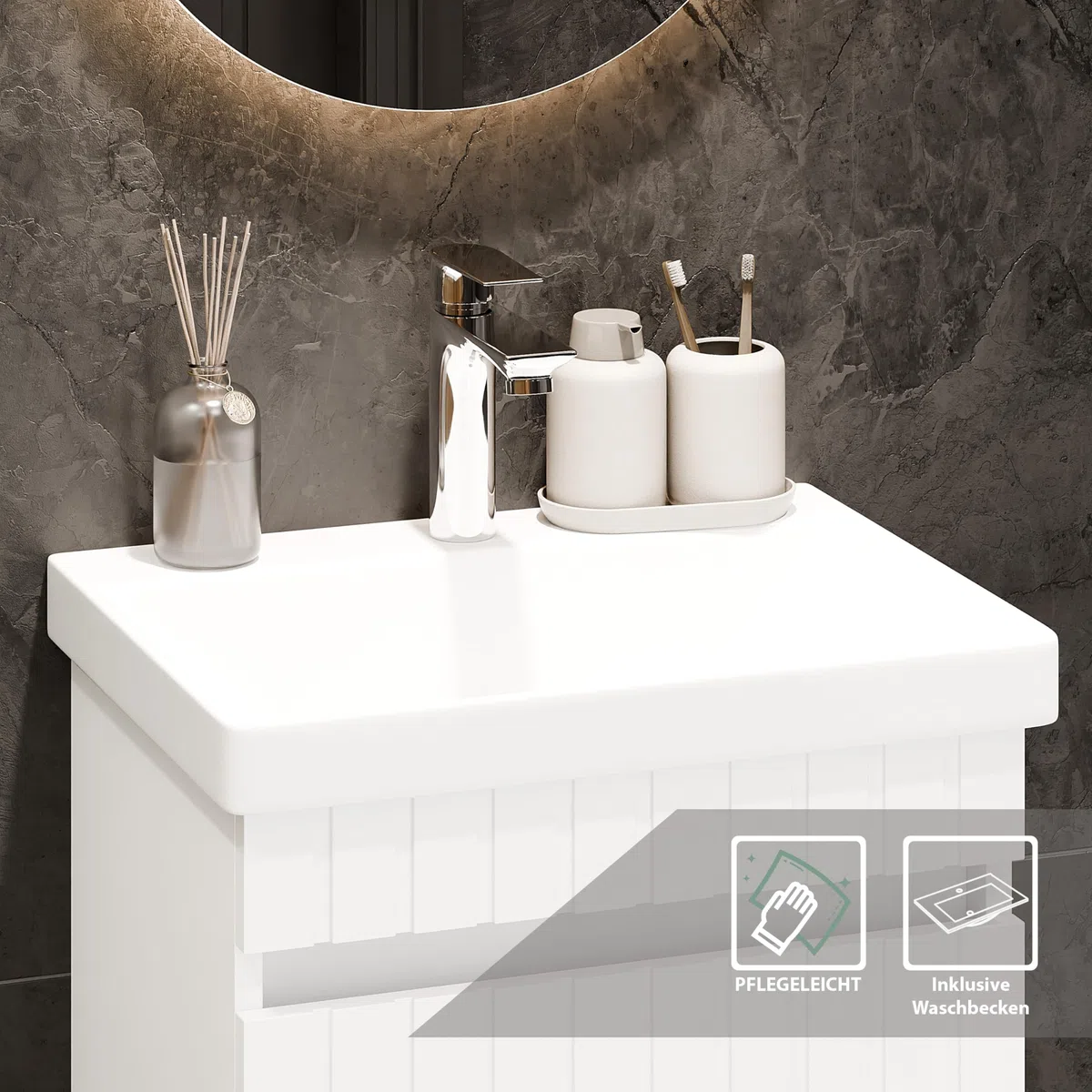 Planetmöbel Cosmia - Set di mobili da bagno, composto da lavandino con mobiletto da 50 x 60 x 35 cm, colore: bianco, lavabo in ceramica con cassetto