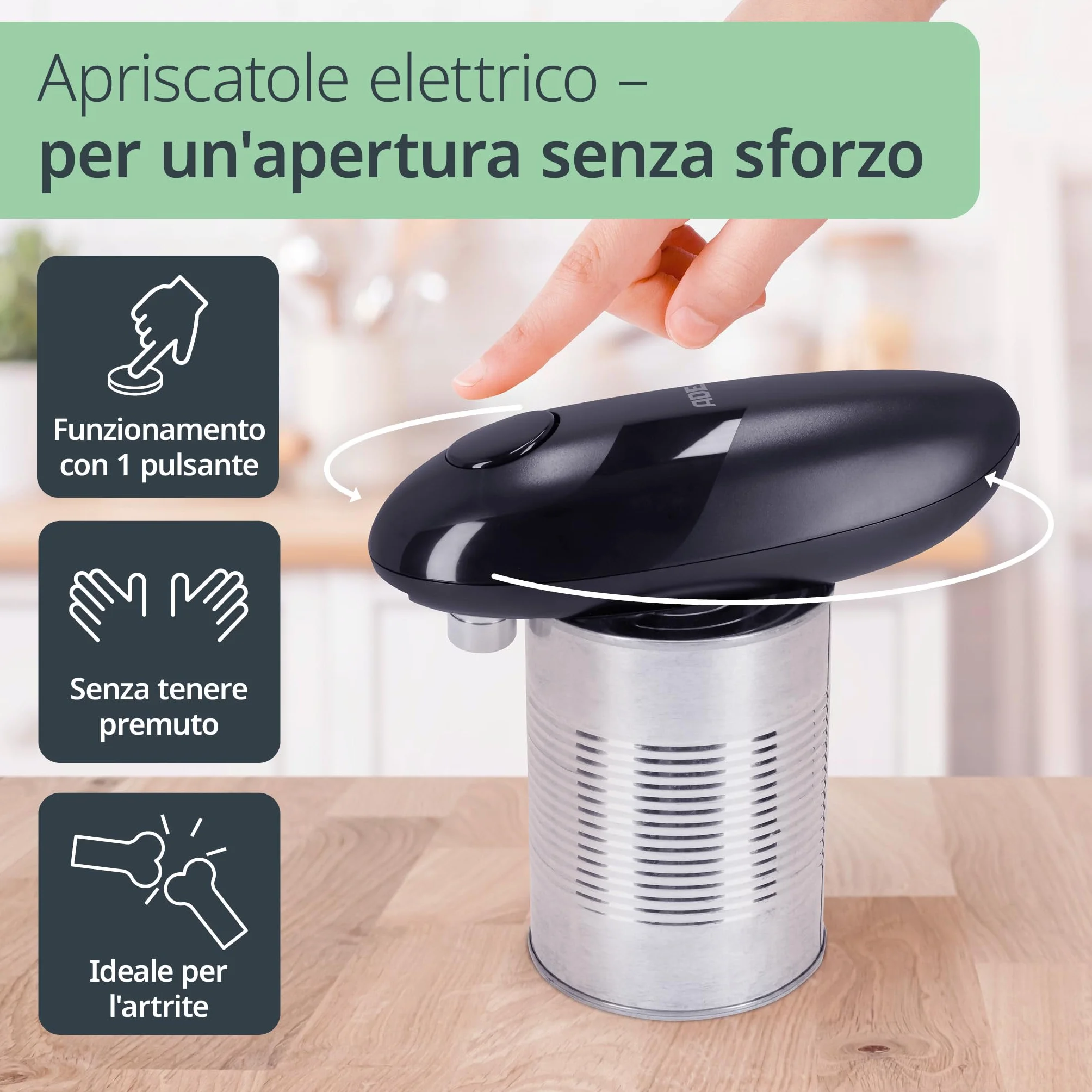 ADE Apriscatole elettrico professionale con magnete e gancio, per anziani, batterie incluse