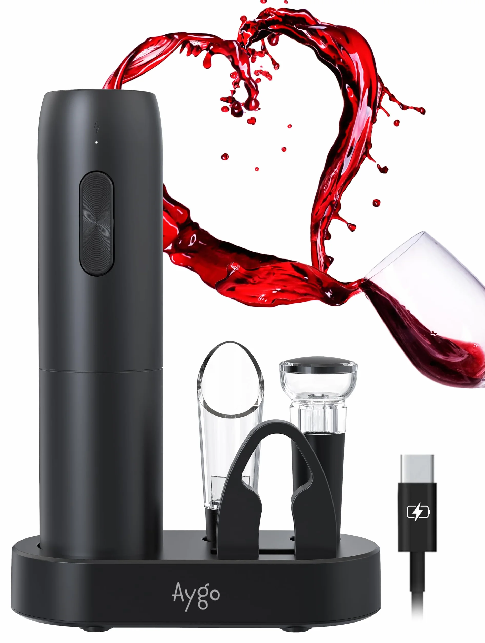 Aygo Cavatappi Elettrico Ricaricabile 5 in 1 Wine Opener con Base, Tagliafoglio, Ventilatore, Pompa Sottovuoto, Tappo per Vino