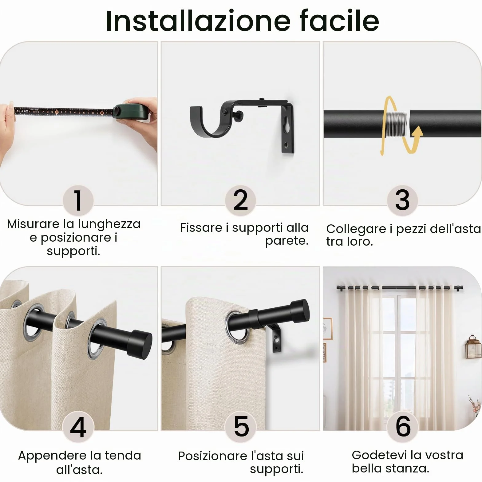 Bastone per Tende Nero, 80-183 cm Regolabile, Asta Estensibile con Terminali a Cilindro e Staffe