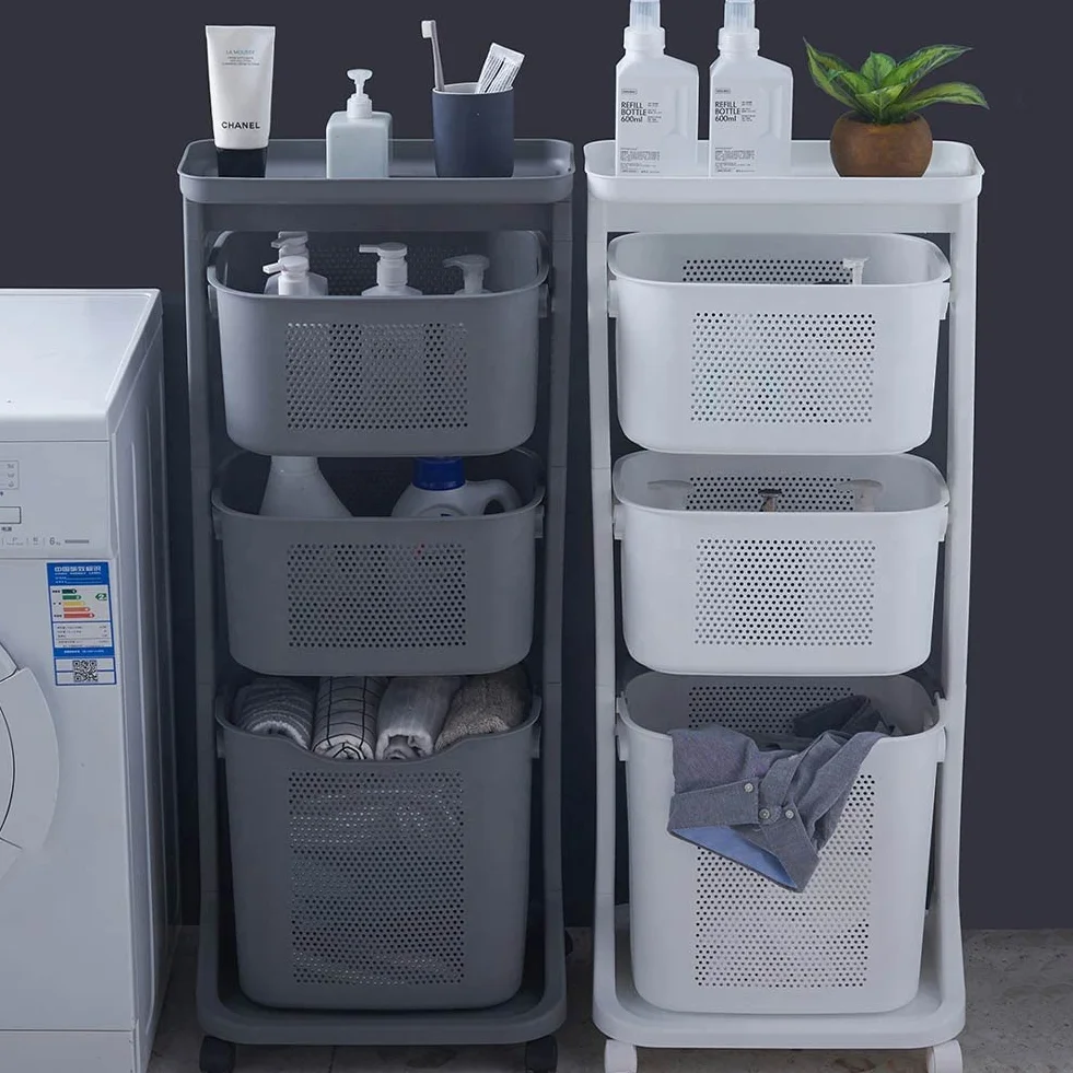 Shally Dogan Carrello Portabiancheria 3 Ripiani Multifunzione, 3 Litri di Capienza, Carrellino Salvaspazio, 1 Cesta Estraibile e 2 Cestelli Basculanti, 4 Ruote Girevoli a 360° (Grigio)