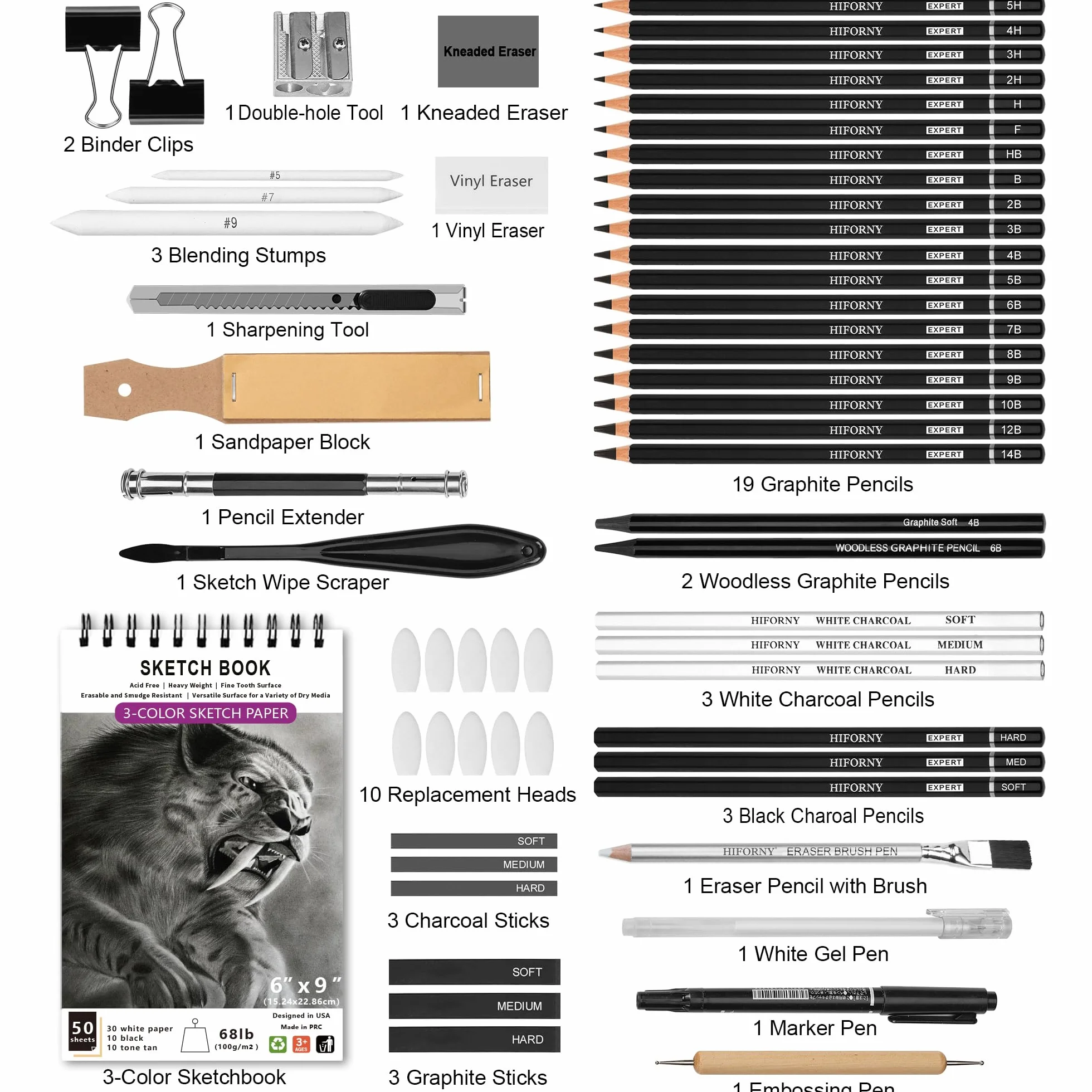 HIFORNY 60 Set di matite per schizzi, matite per schizzi, forniture artistiche con 3 colori, grafite, carbone, matite da disegno per artisti adulti