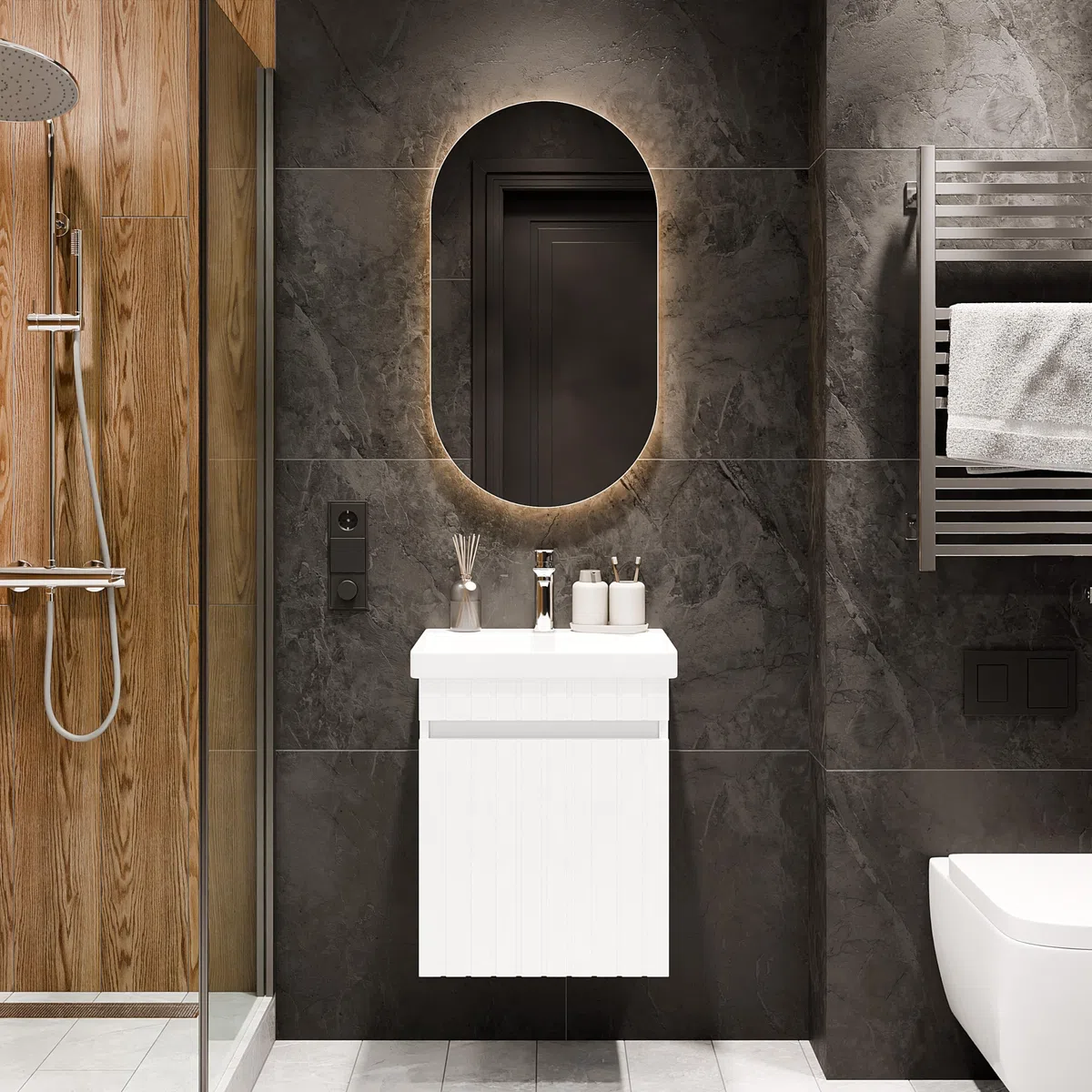 Planetmöbel Cosmia - Set di mobili da bagno, composto da lavandino con mobiletto da 50 x 60 x 35 cm, colore: bianco, lavabo in ceramica con cassetto