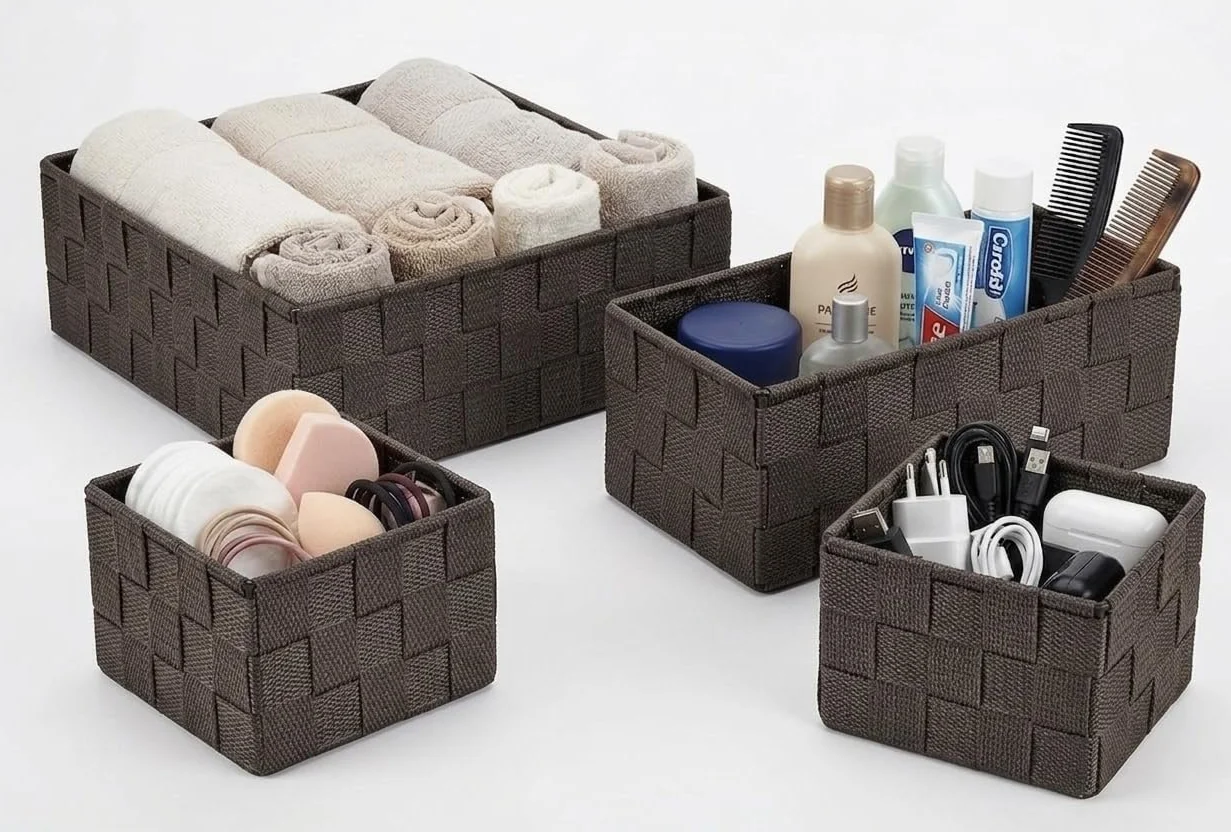 OCEANO Set 4 Cestini Portaoggetti Intrecciati Organizer Bagno Salvaspazio Marrone