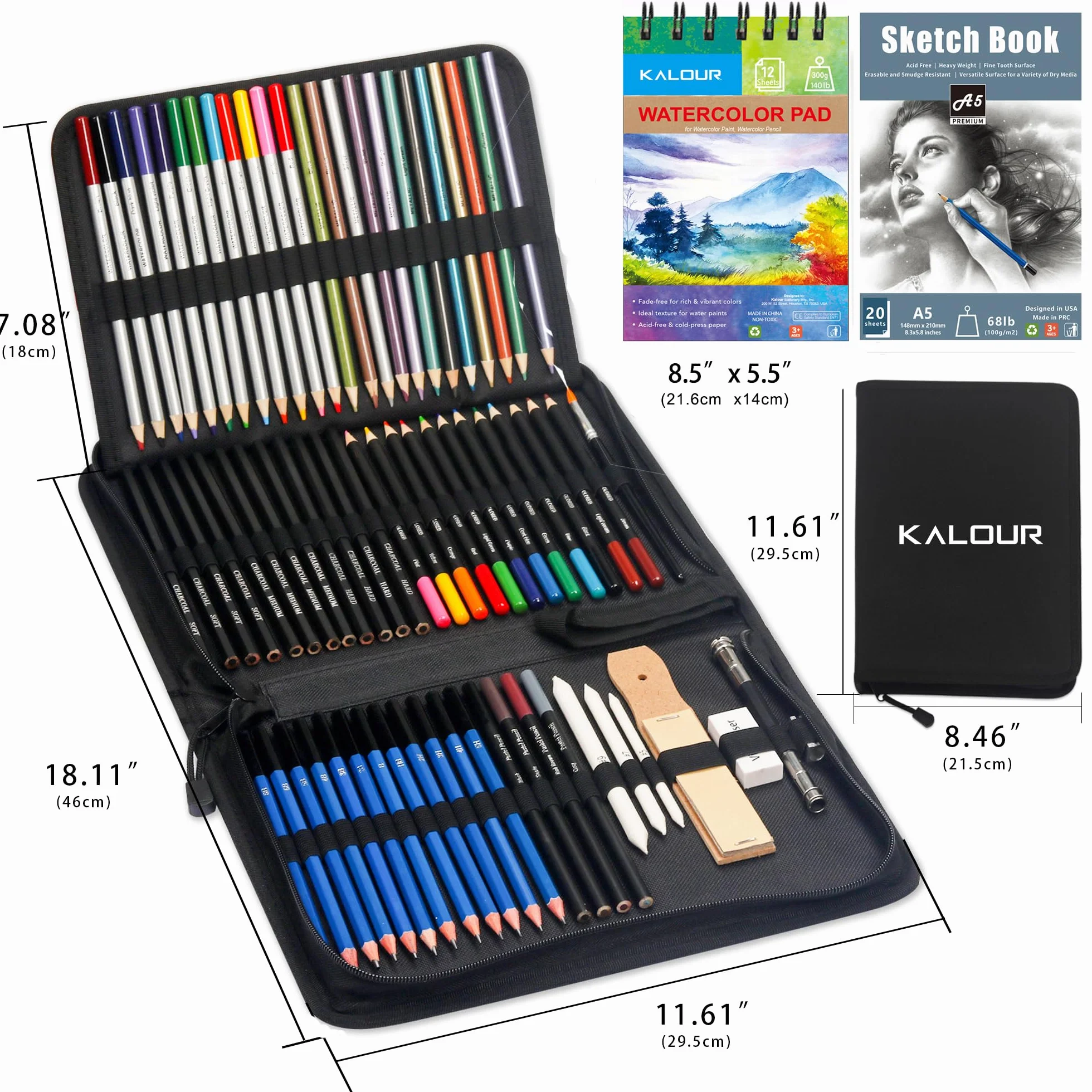 KALOUR 76 Kit di Disegno e Schizzo - Set di Materiali Artistici con Taccuino e Carta Acquerello - Include Tutorial, Matite Pastello, Acquerello, Schizzo, Colorate, Metalliche, Carboncino