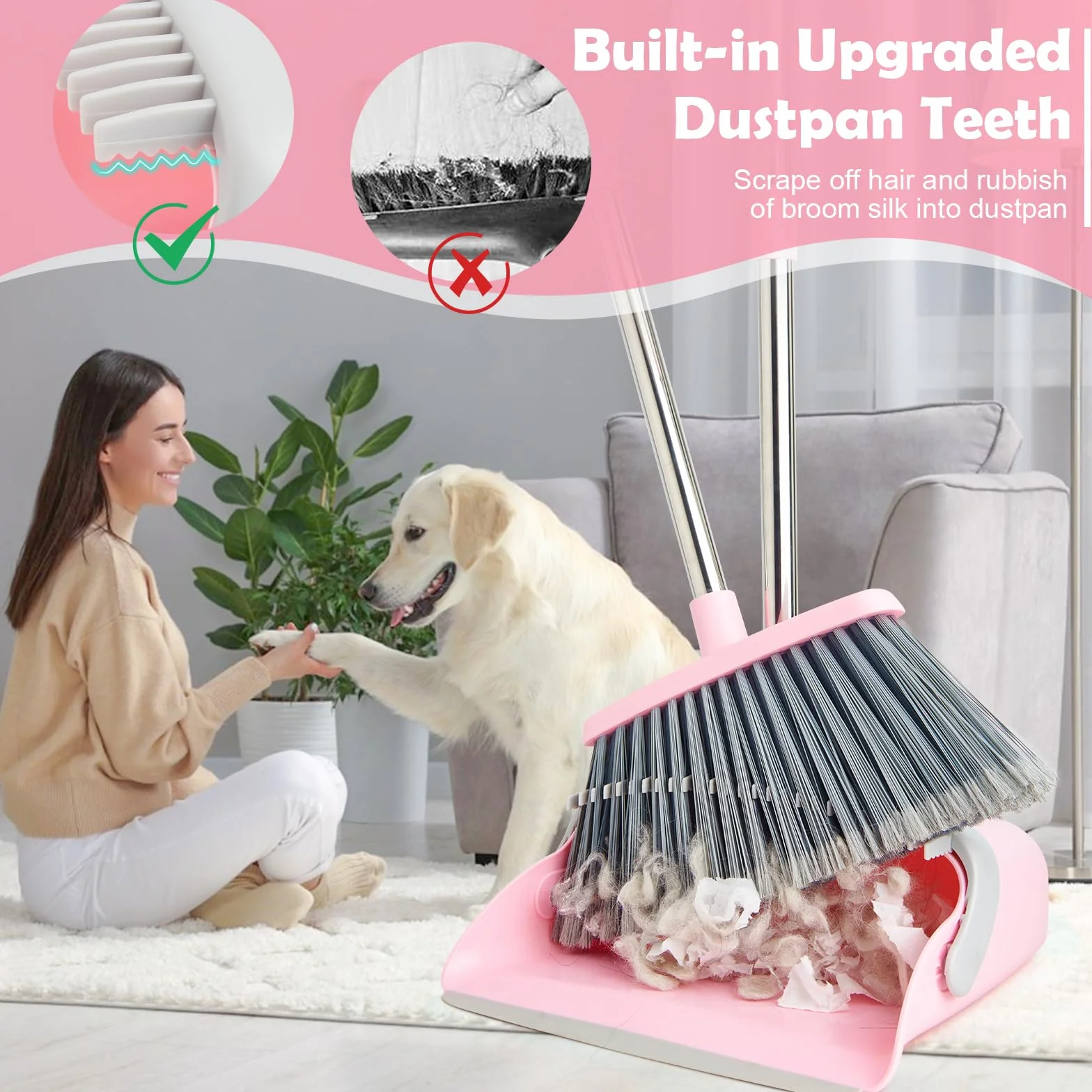 Set di scope e paletta con manico lungo, scopa con paletta, set con manico estraibile, paletta Broom and Dustpan, per la pulizia della casa, ufficio (grigio-rosa)