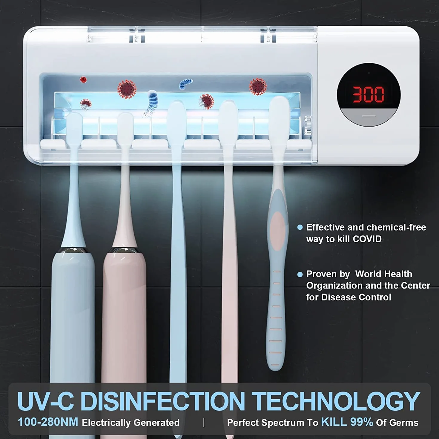 DSHOW Spazzolino Igienizzante UV da Bagno, Montaggio a Parete Sterilizzatore, Carica 2000mAh, Funzione di Cronometraggio, Organizer per Spazzolino da Denti (Bianca)