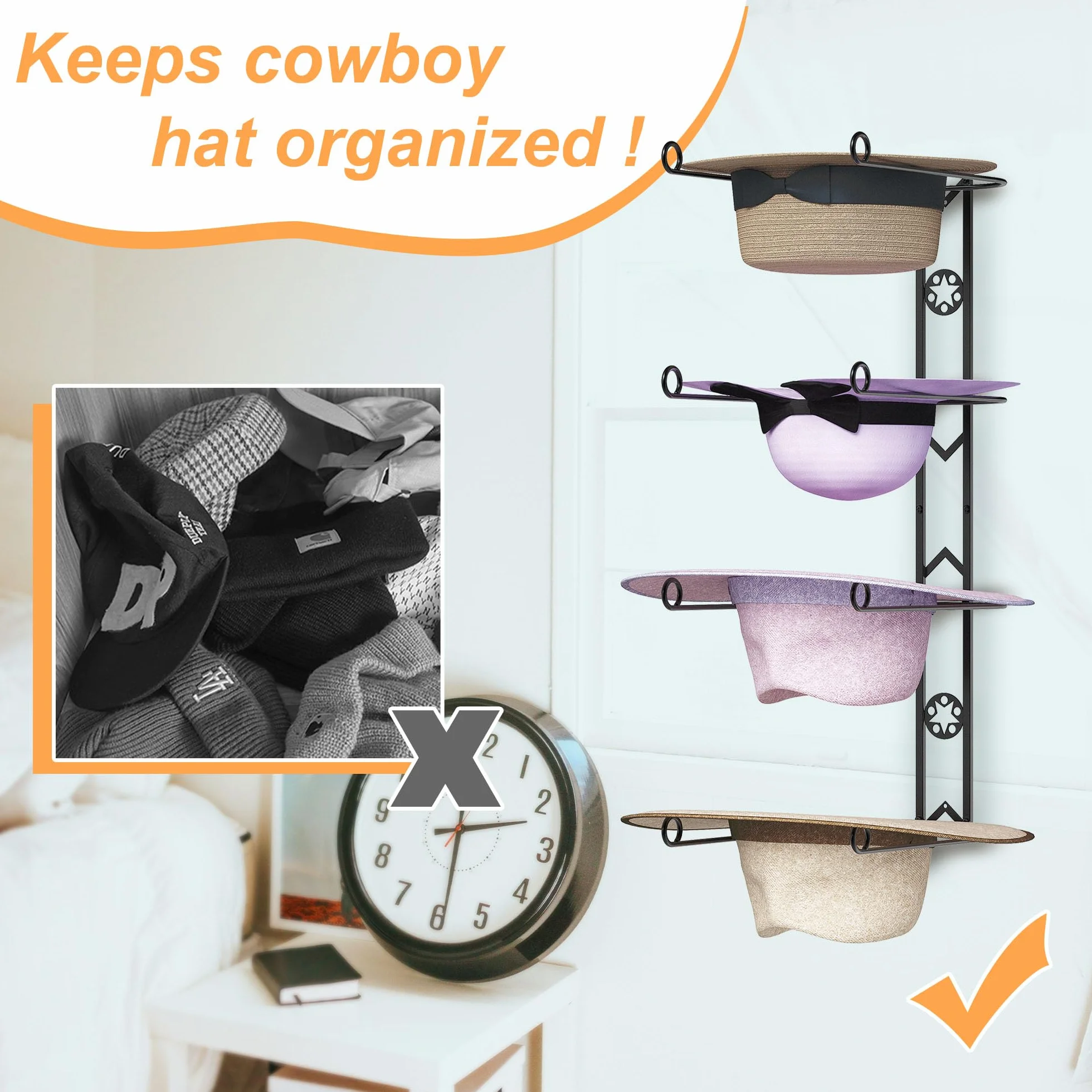 Ganci da parete per cappelli da cowboy in metallo con stella decorativa (nero)