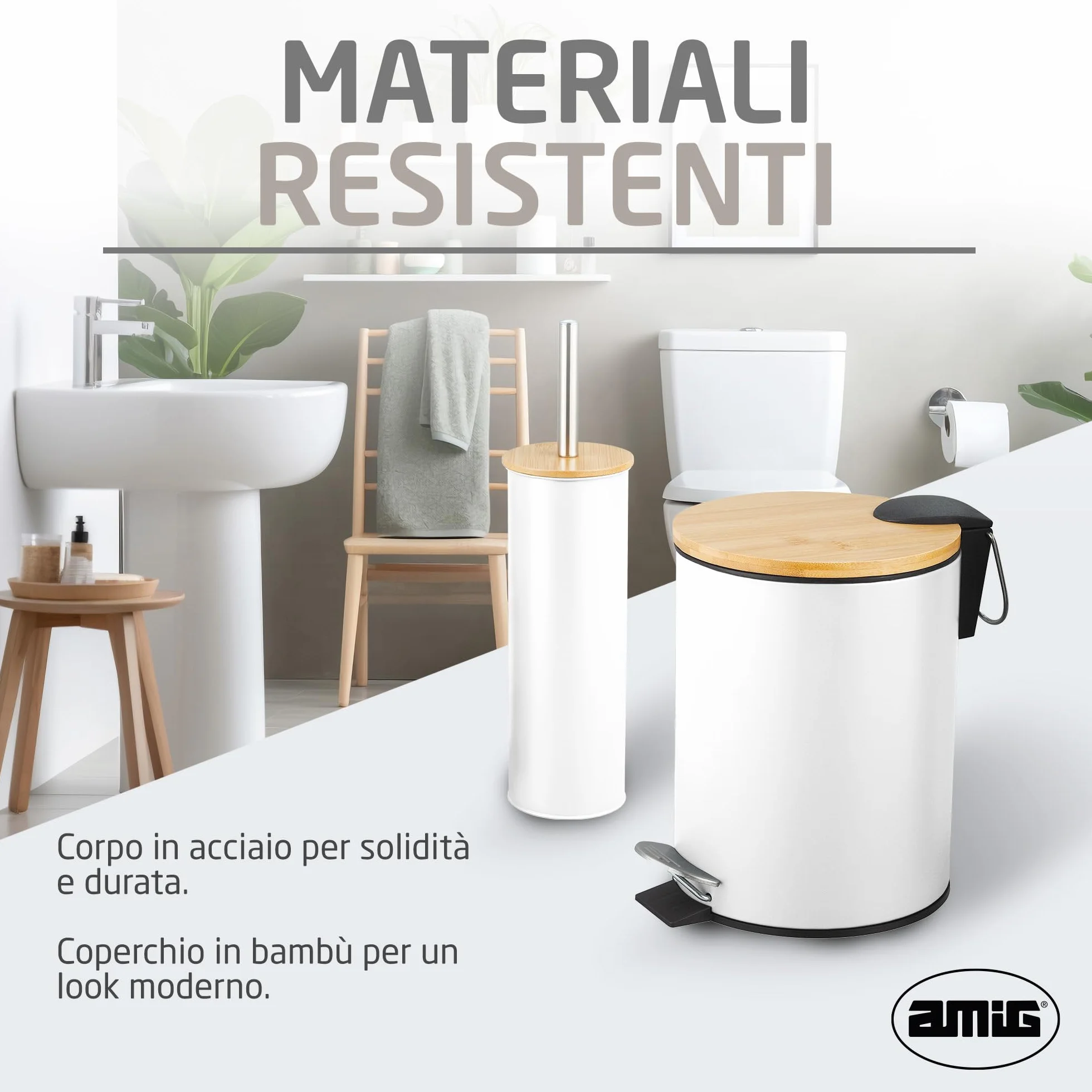 Amig Naturline Set Pattumiera e Portascopino Ø168x230 mm Acciaio Bambù Bianco