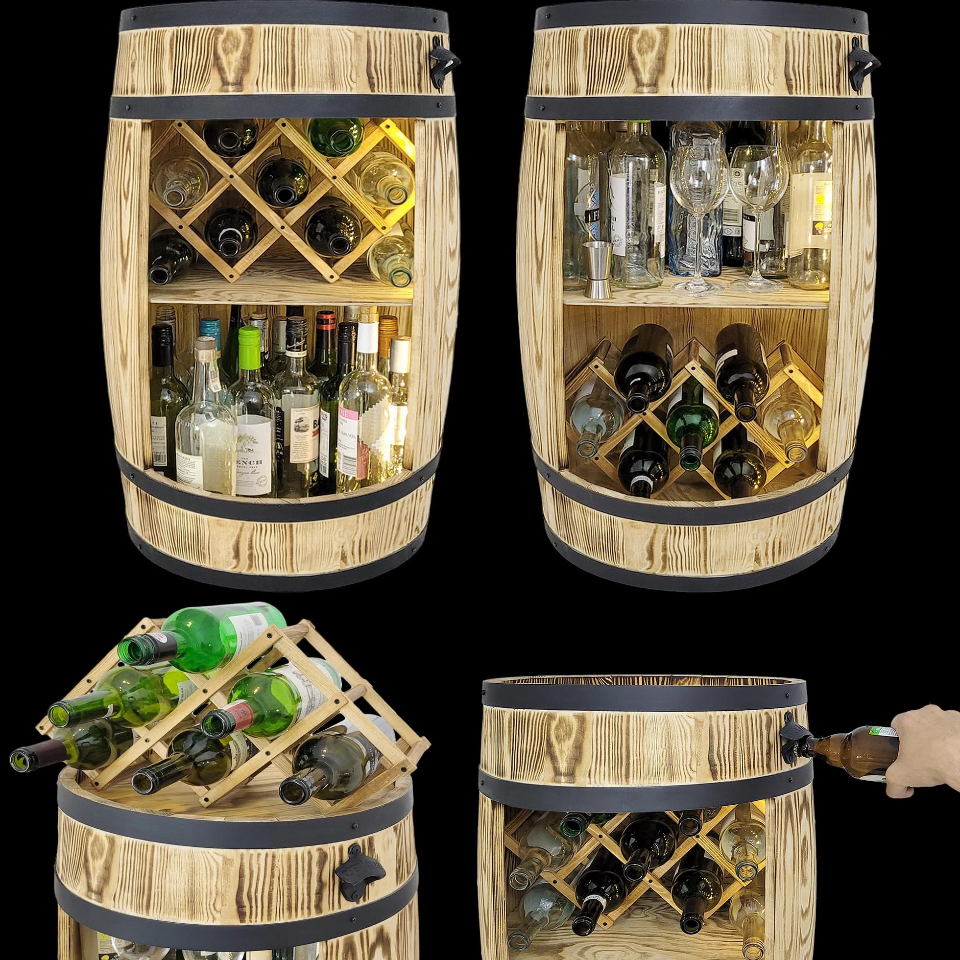 weeco Portabottiglie in legno con luci a LED e portabottiglie – Barile in legno per bicchieri e bottiglie – Montabile – Armadietto per vino – Set regalo – Wine Rack in legno 80 x 50 cm