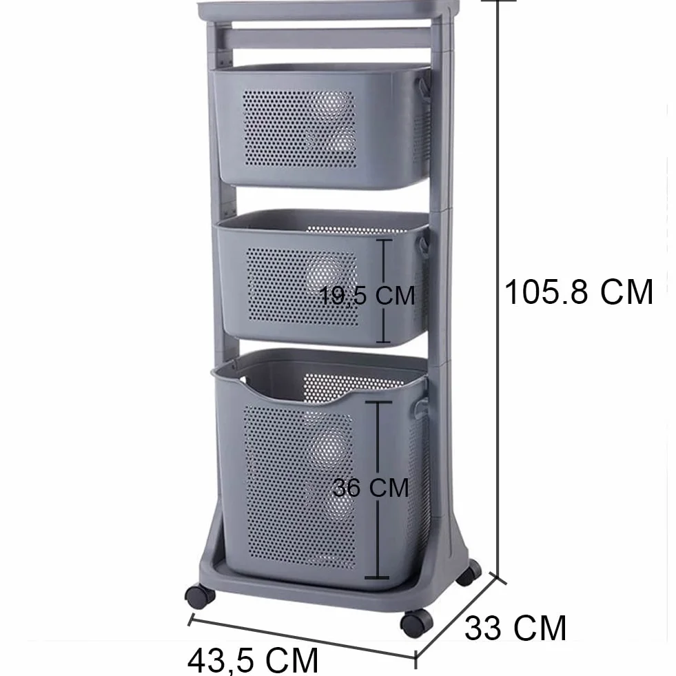 Shally Dogan Carrello Portabiancheria 3 Ripiani Multifunzione, 3 Litri di Capienza, Carrellino Salvaspazio, 1 Cesta Estraibile e 2 Cestelli Basculanti, 4 Ruote Girevoli a 360° (Grigio)