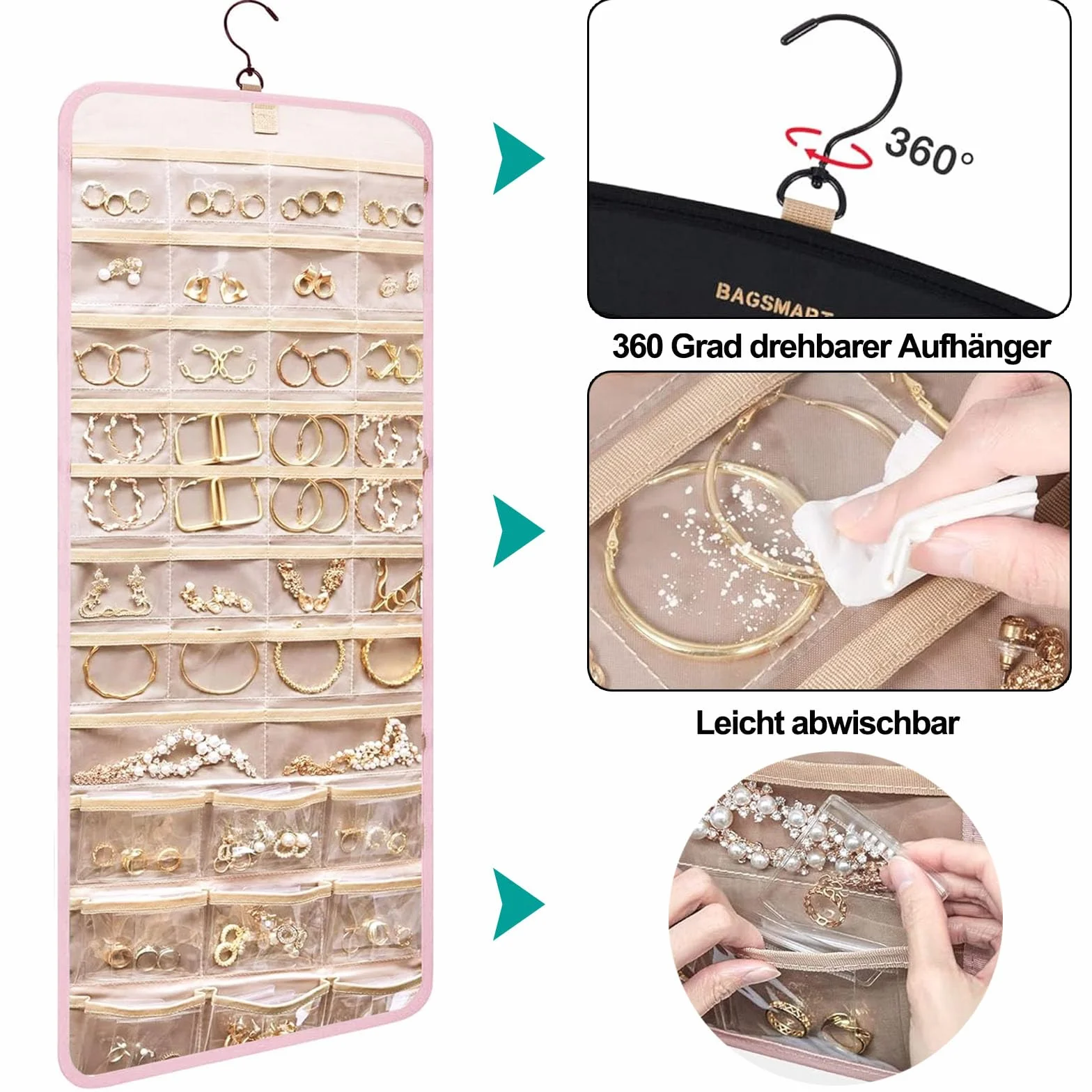 Hanging Jewelry Organizer per Armadio con 39 Scomparti e 3 Ganci Rosa
