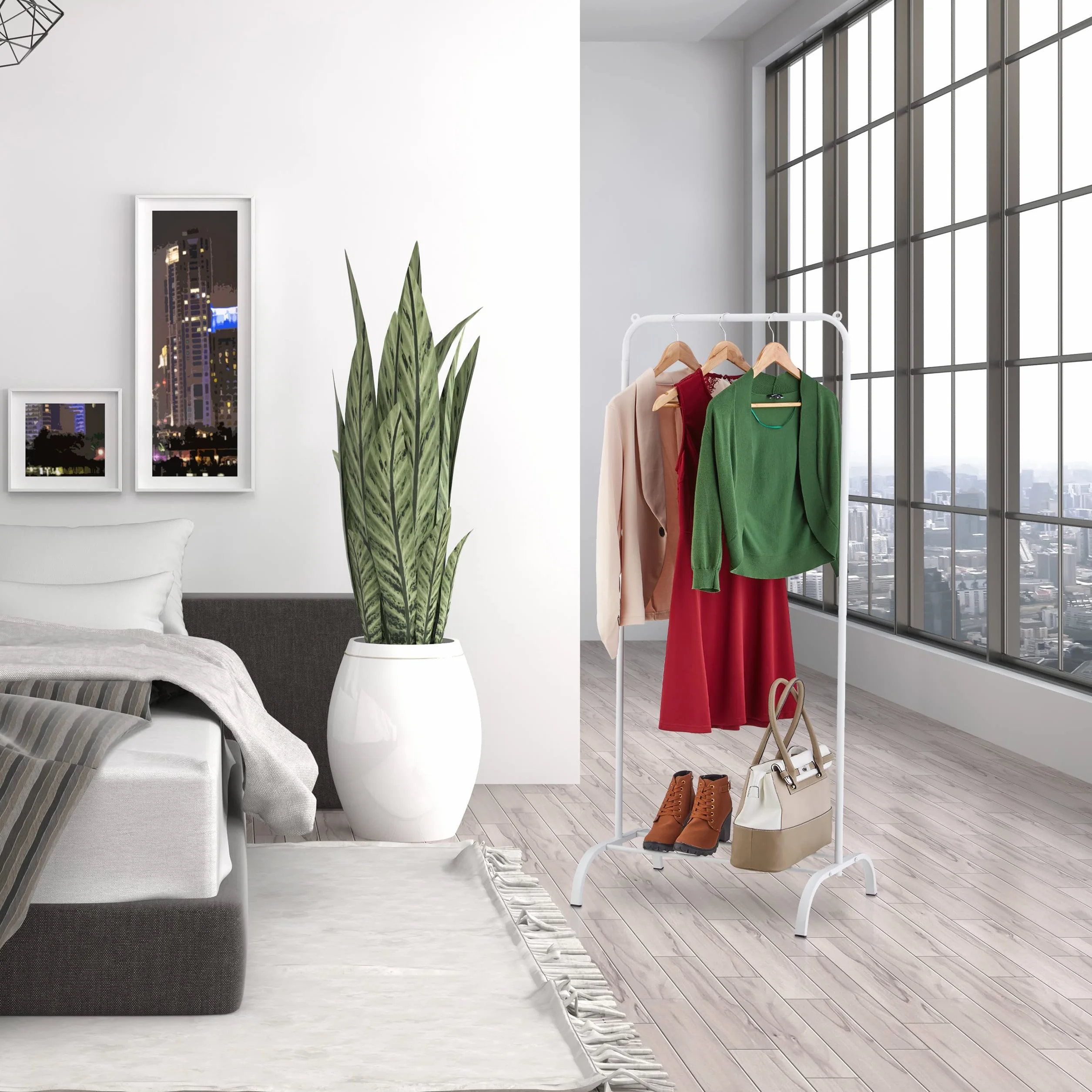 Relaxdays Stand Appendiabiti con Ripiano Porta Scarpe, Asta Attaccapanni da Camera e Ingresso, HLP: 144x60x44 cm, Bianco