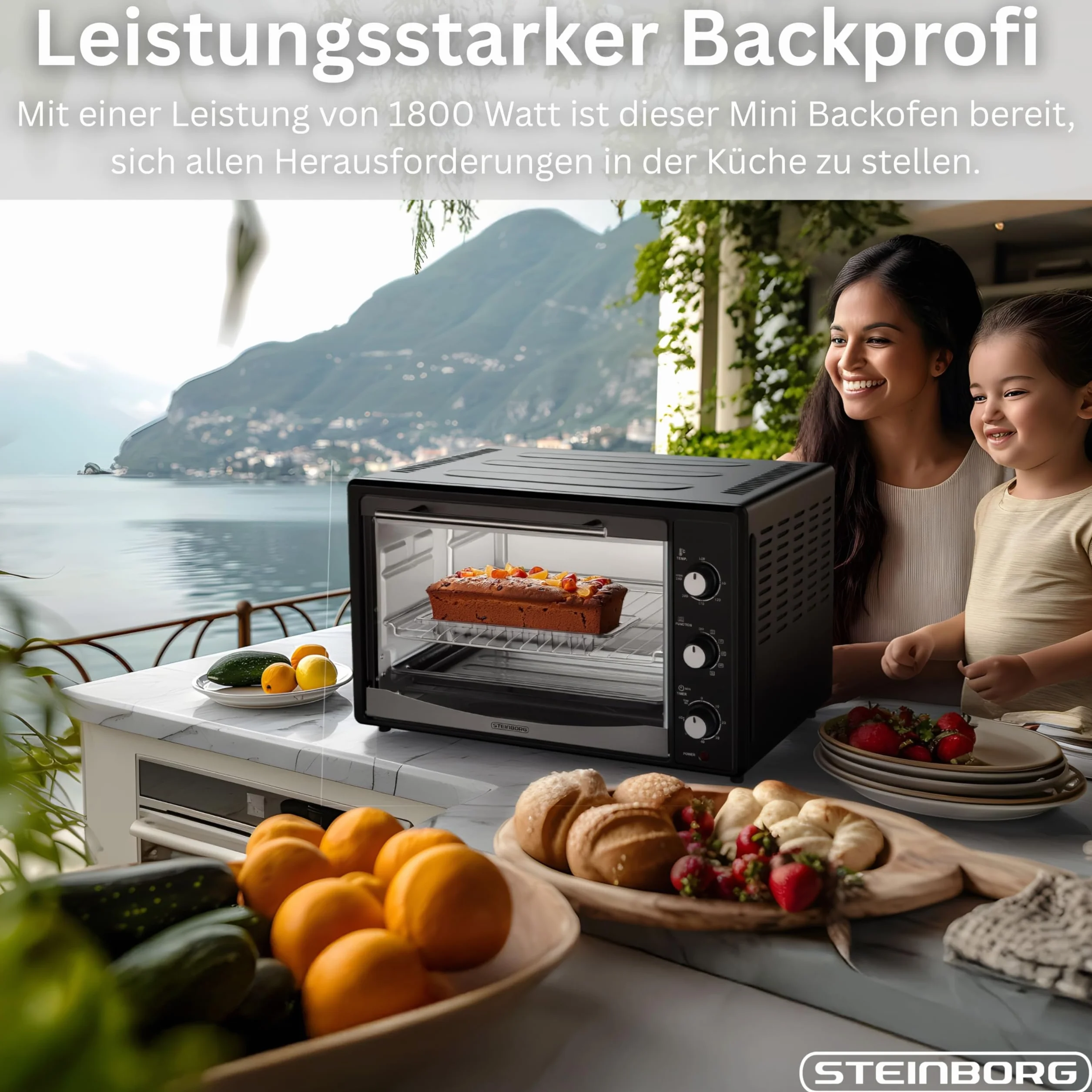 Steinborg Mini forno elettrico, 45 l, con calore girevole e girarrosto, mini forno a convezione, girarrosto, 1800 W, forno per pizza, forno per pizza, con illuminazione interna, piano cottura e