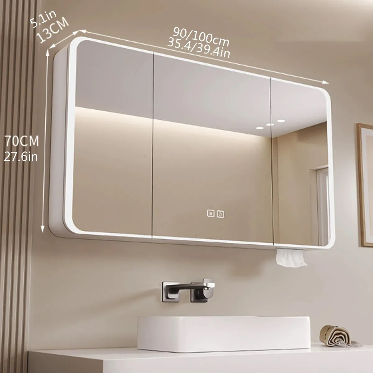 Specchio da bagno intelligente con luce anti-appannamento, trucco, attenuazione continua, interruttore tattile, ad alta definizione, montaggio a parete