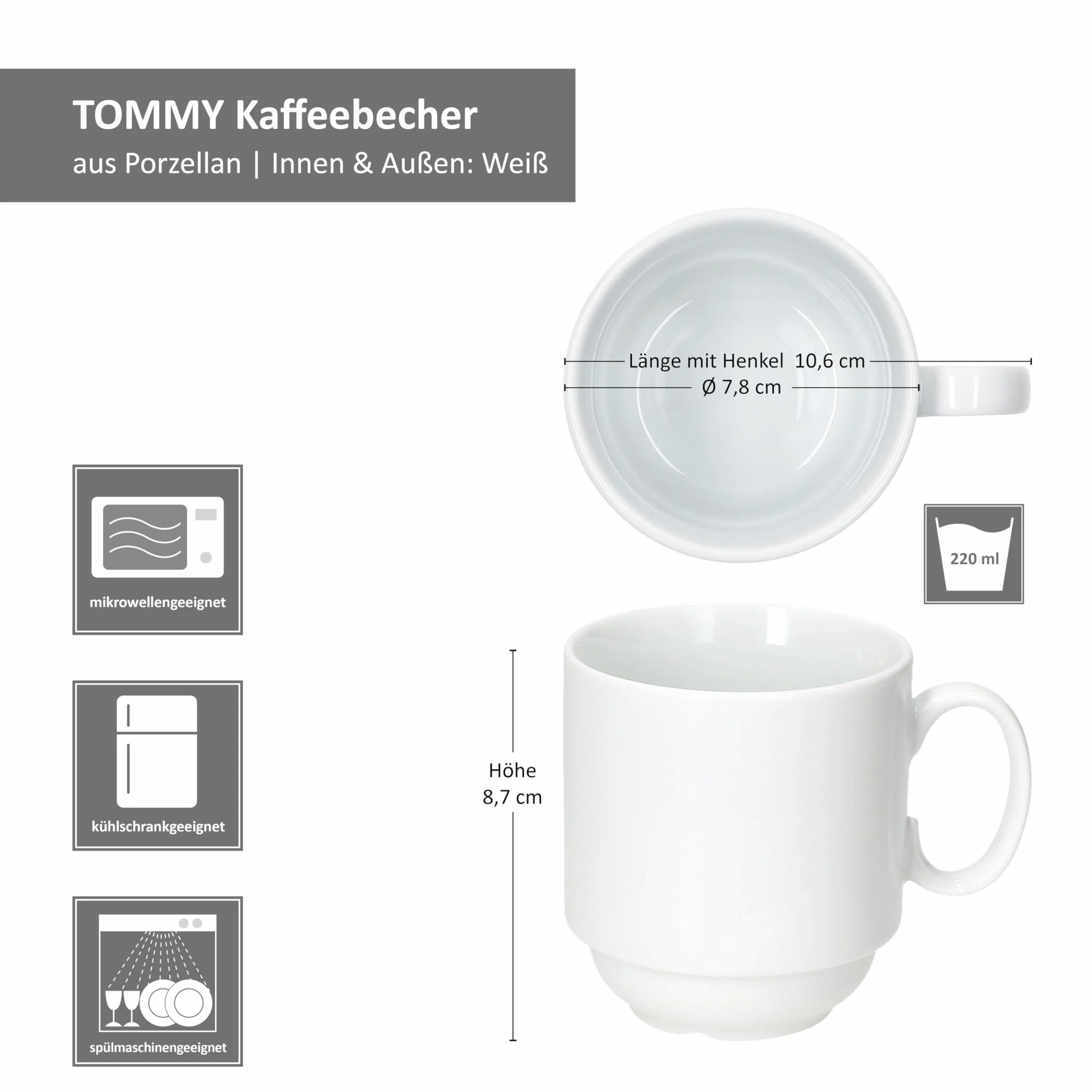 MamboCat Tommy Set 6 tazze da caffè 220 ml porcellana bianca impilabili
