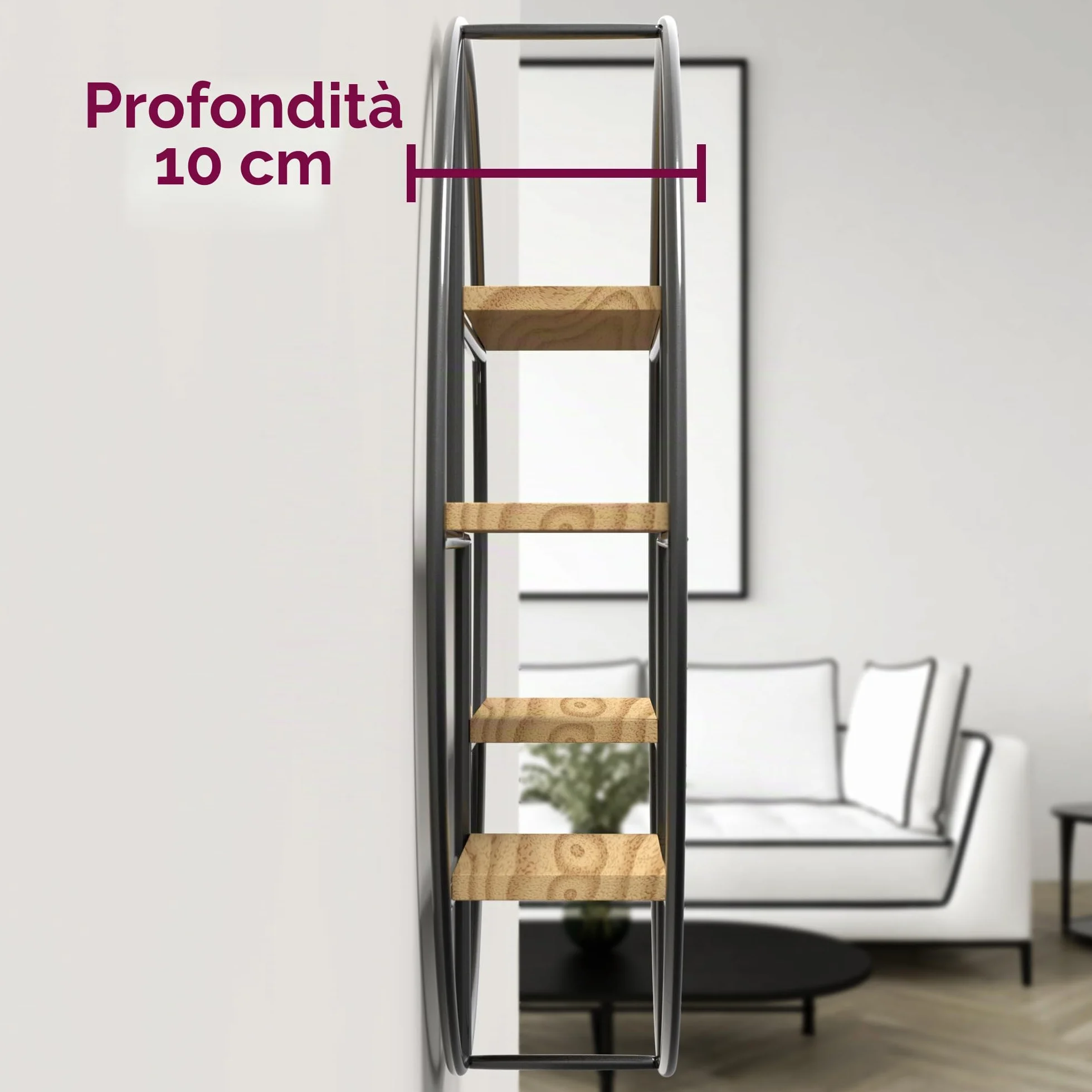Mensola Rotonda da Parete con 4 Ripiani Gadgy in Legno e Metallo, Stile Industriale, 42 x 10 cm
