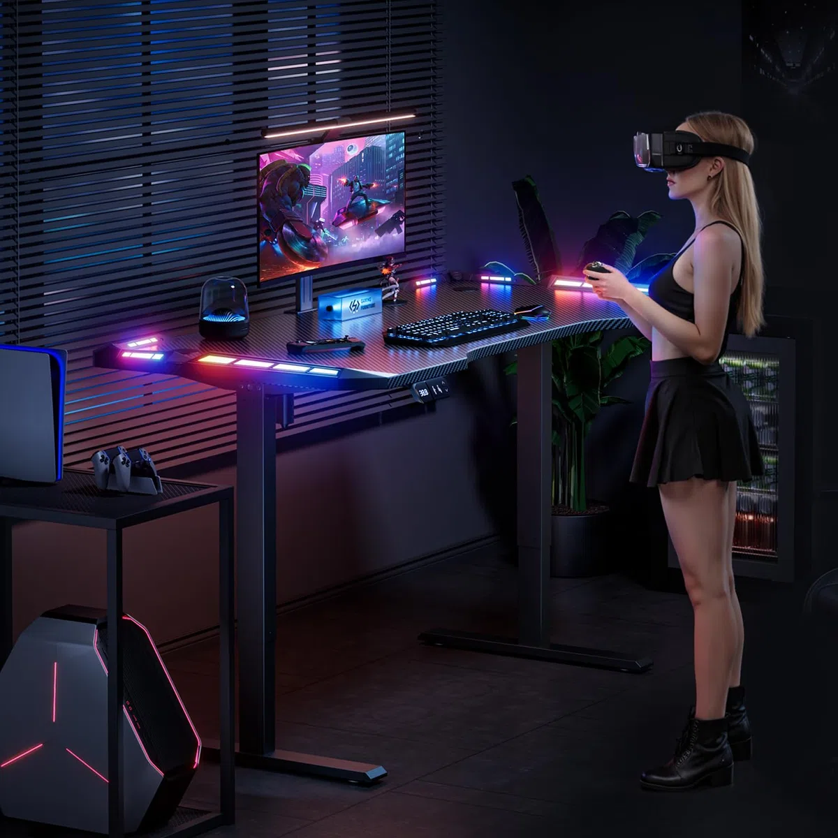 HLFURNIEU Scrivania Gaming LED 120 x 60 cm, Scrivania Regolabile in Altezza, con 2 Controlli Memoria, Altezza Aegolabile, Superficie in Fibra di Carbonio, Facile da Montare, Nero