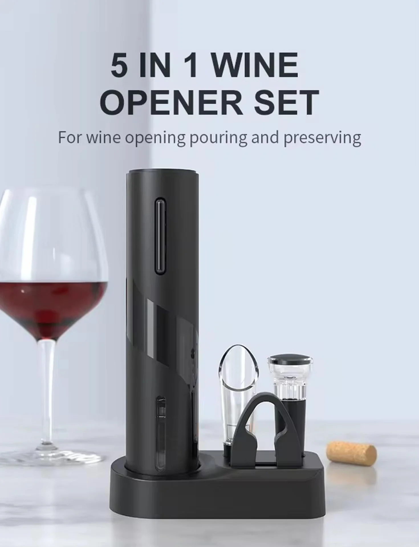 Cavatappi Elettrico Ricaricabile 5 in 1 Professionale per Vino, Apribottiglie Automatico con Base