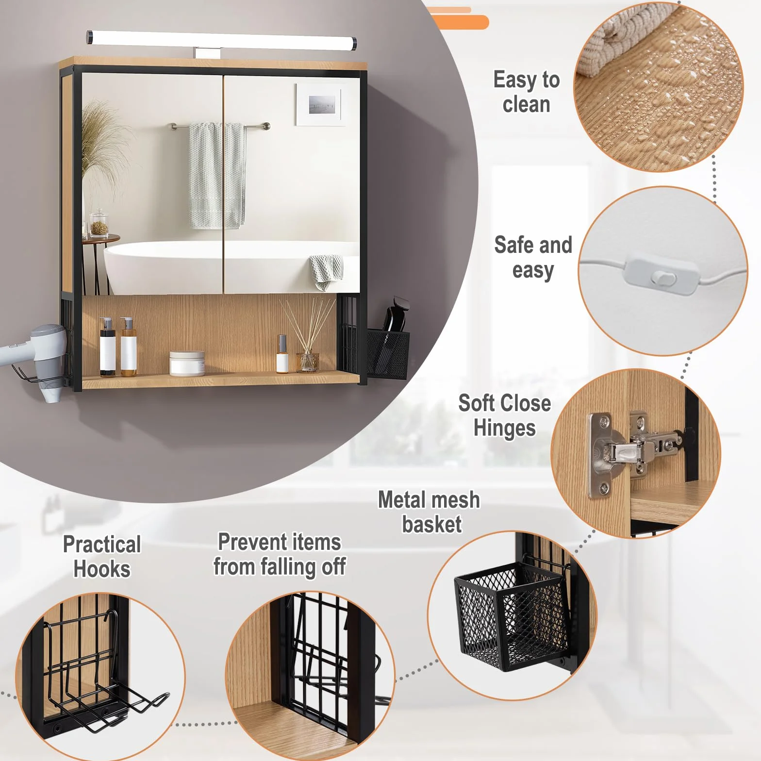 EUGAD Specchio da Bagno con Contenitore e Luci, Pensile da Bagno con 2 Ante, 1 Scomparto Aperto e 2 Vani Chiusi, Ripiano Interno Regolabile, Nero + Rovere, 56x14,5x60 cm