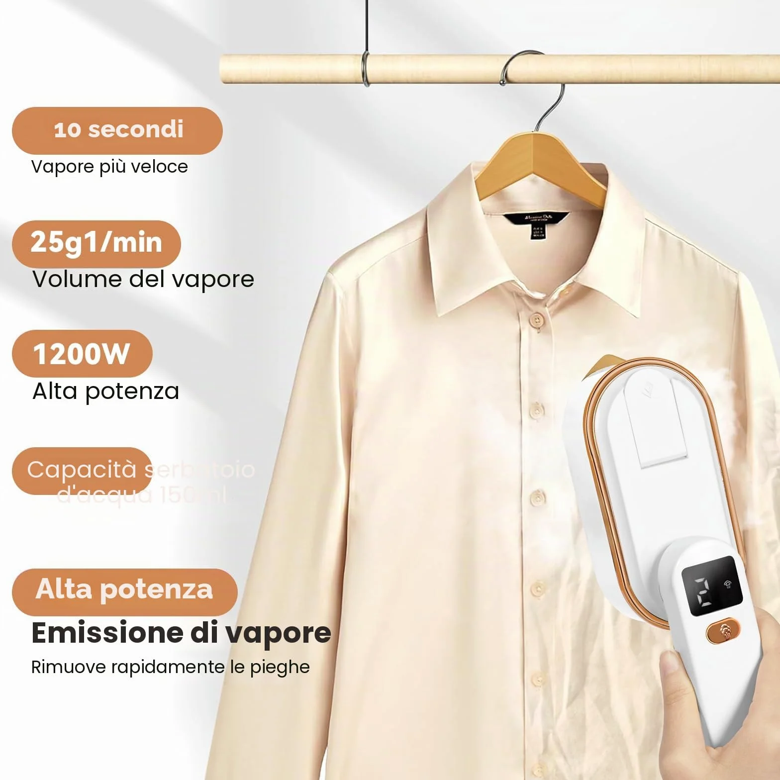 Ferro da Stiro a Vapore 1200W 2-in-1 Portatile, Serbatoio 150 ml, 3 Livelli di Vapore, Riscaldamento Rapido 10 Secondi