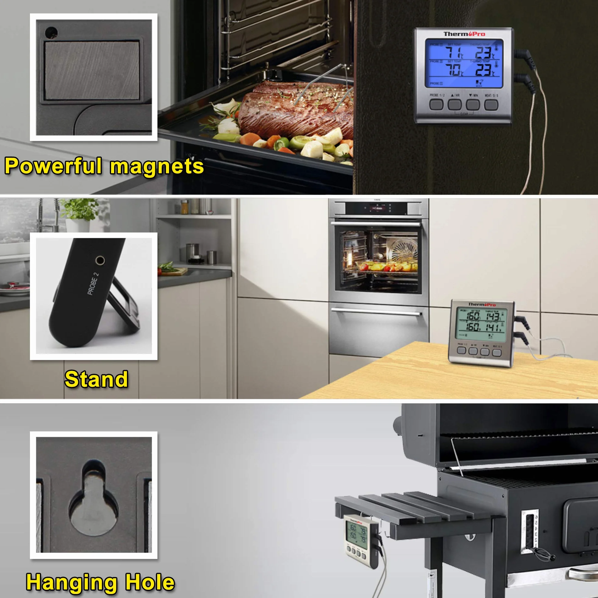 ThermoPro TP17 Termometro Cucina Digitale a Doppia Sonda con Timer LCD per BBQ Carne Forno Griglia