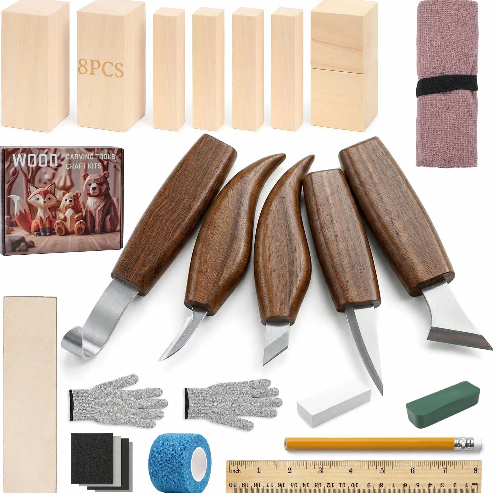 26 Pezzi Kit di Coltelli per Intaglio del Legno, PUYUKO Kit intaglio del Legno con Guanti e Borsa, Kit Scultura Legno Completo per Affilatura, Borsa Arrotolabile e Guanti, Scalpelli (26 Pezzi)