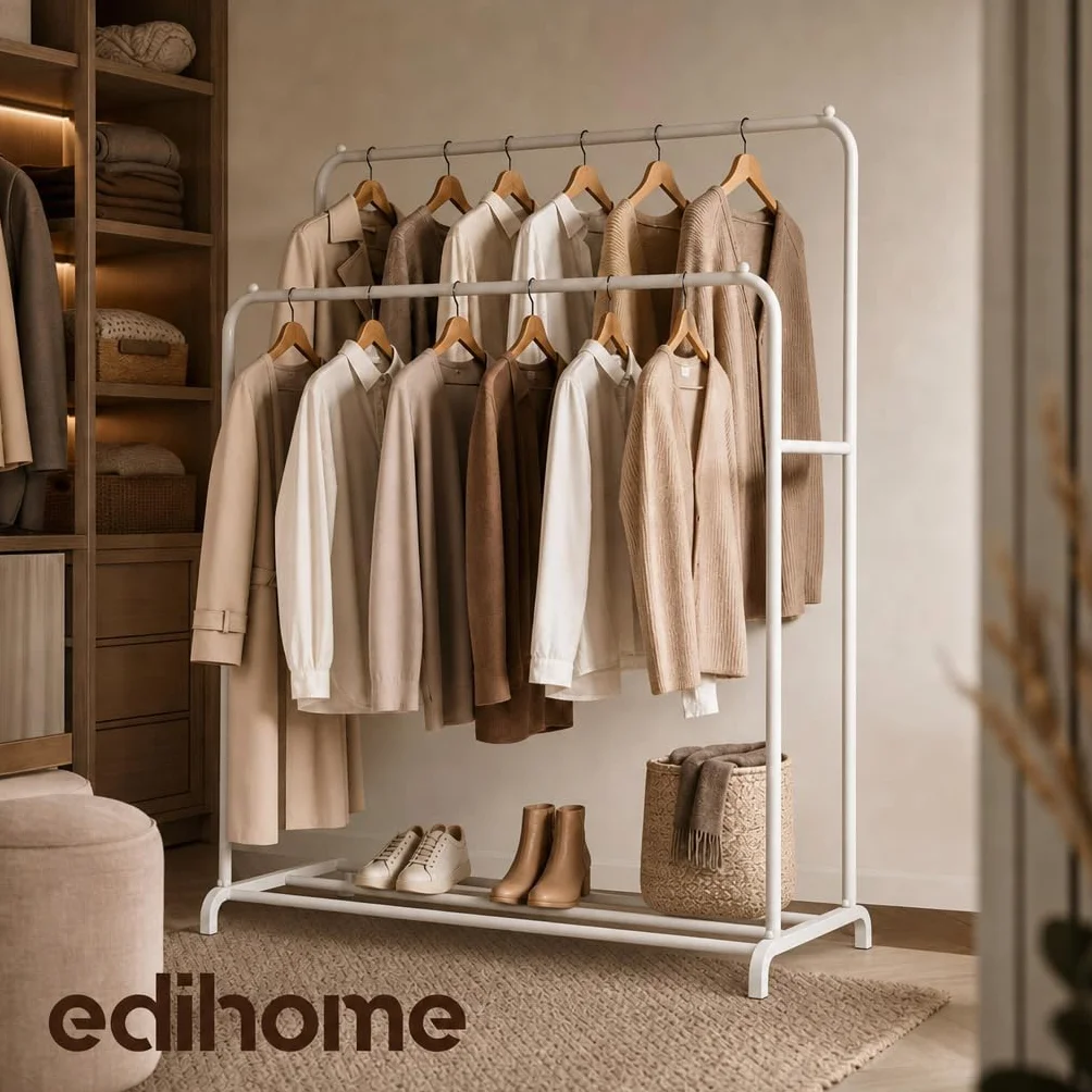 edihome Doppio Appendiabiti da Terra 110 x 150 x 54 cm Metallico con Supporto per Scarpe Bianco