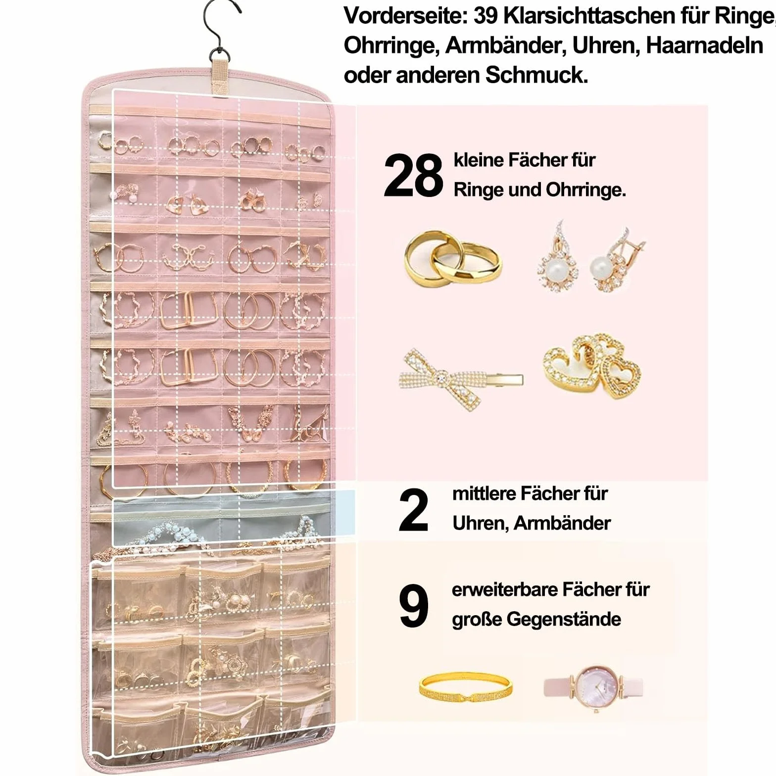 Hanging Jewelry Organizer per Armadio con 39 Scomparti e 3 Ganci Rosa