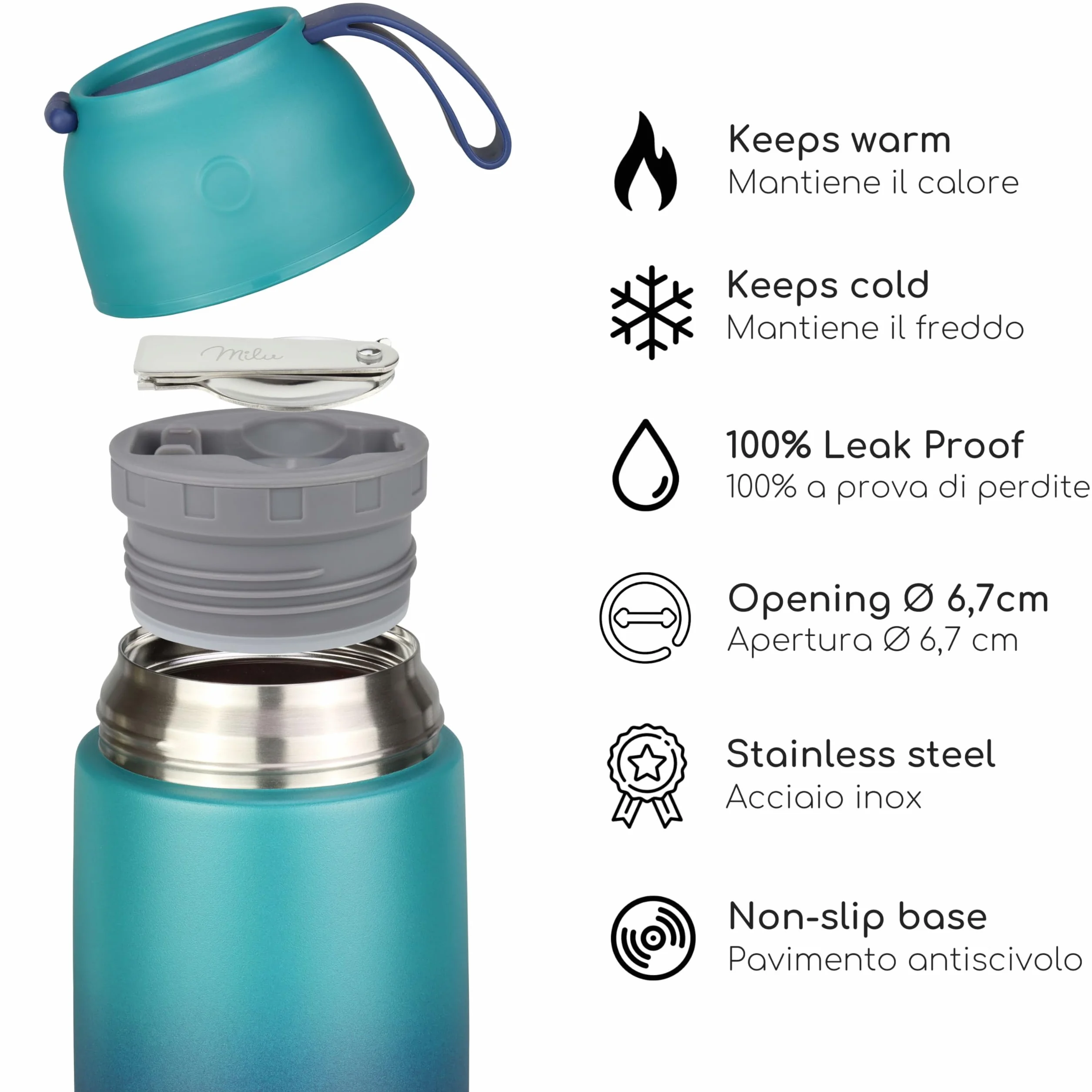 Milu Thermo per Alimenti 450 ml Contenitore Termico Acciaio Inossidabile Isotermico Sottovuoto Cibi Caldi Freddi Verde Blu