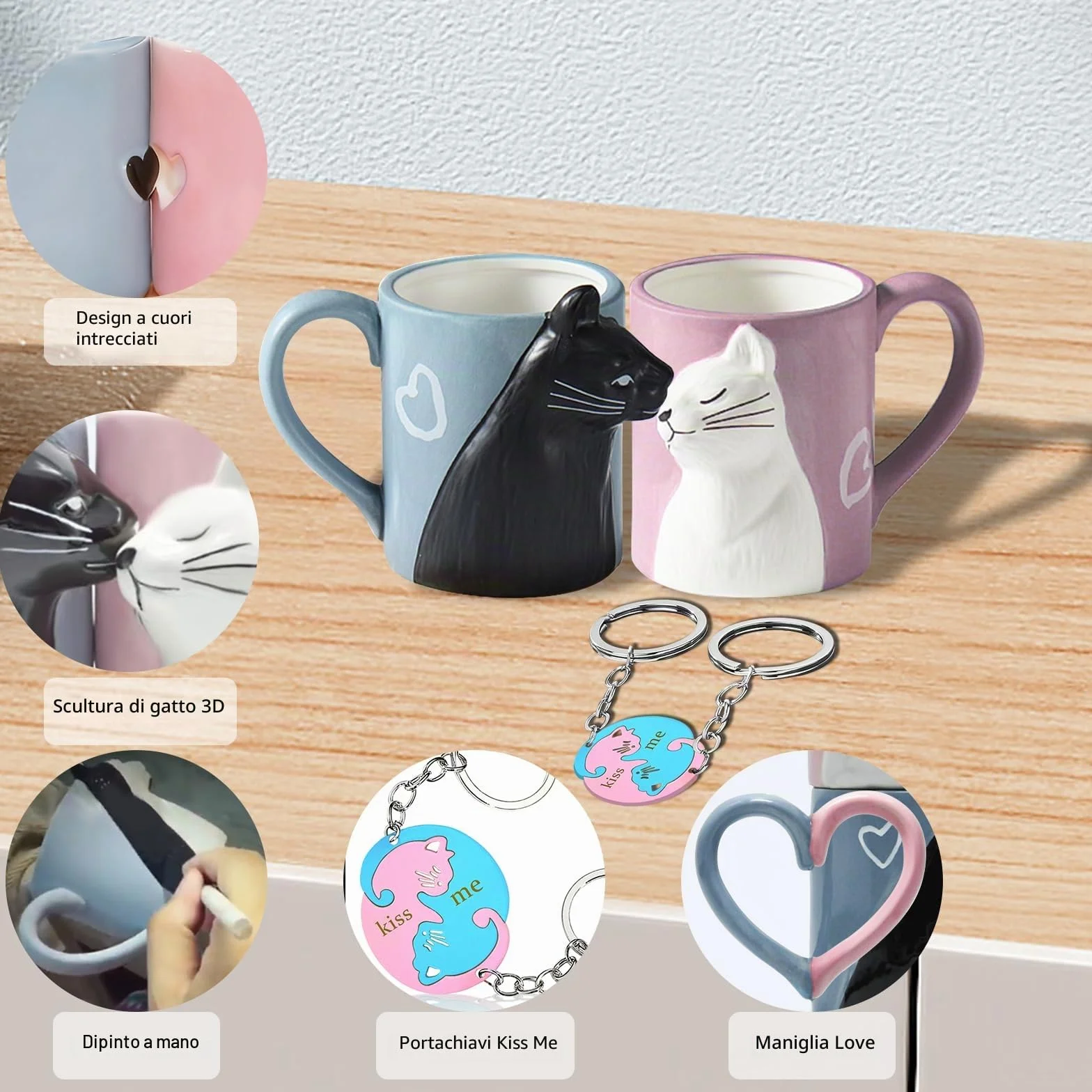 Set tazze da tè divertenti gatti regalo nozze sposi bacio anniversario