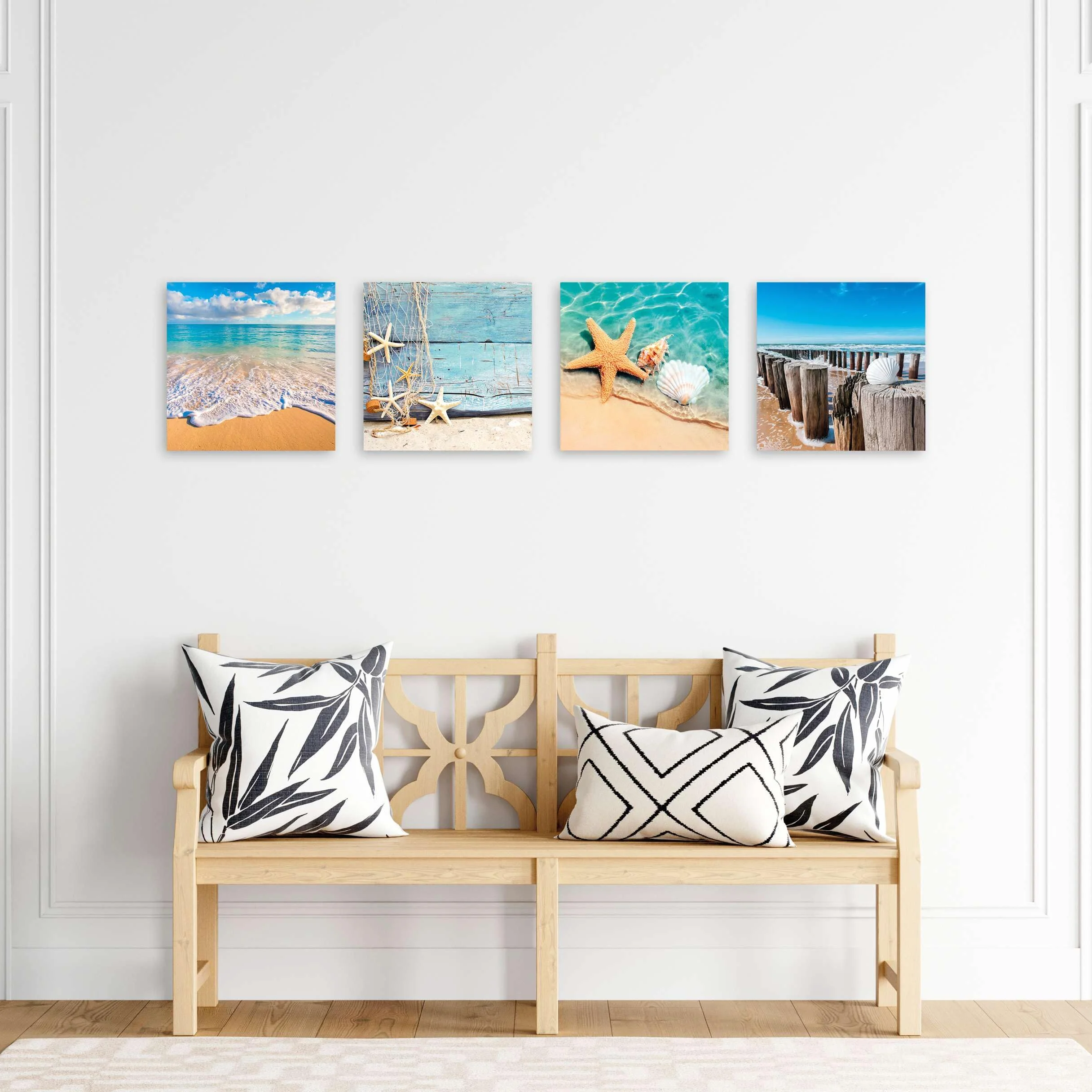 LuxHomeDecor Set di 4 Quadri 30x30 cm - Stampa su Tela con Telaio in Legno - Mare e Spiaggia con Conchiglie, Stelle Marine e Paesaggi Marini Rilassanti