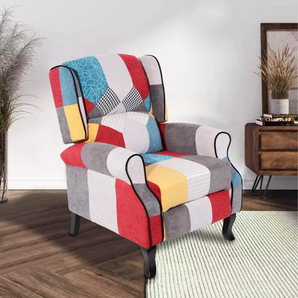 BAKAJI Poltrona Sedia Reclinabile Rivestita e Imbottita con Design Patchwork, Stile Toppe, Arredamento Casa Ideale per Lettura e Riposo, Schienale Comodo Ergonomico per Postura Dritta (Brown)