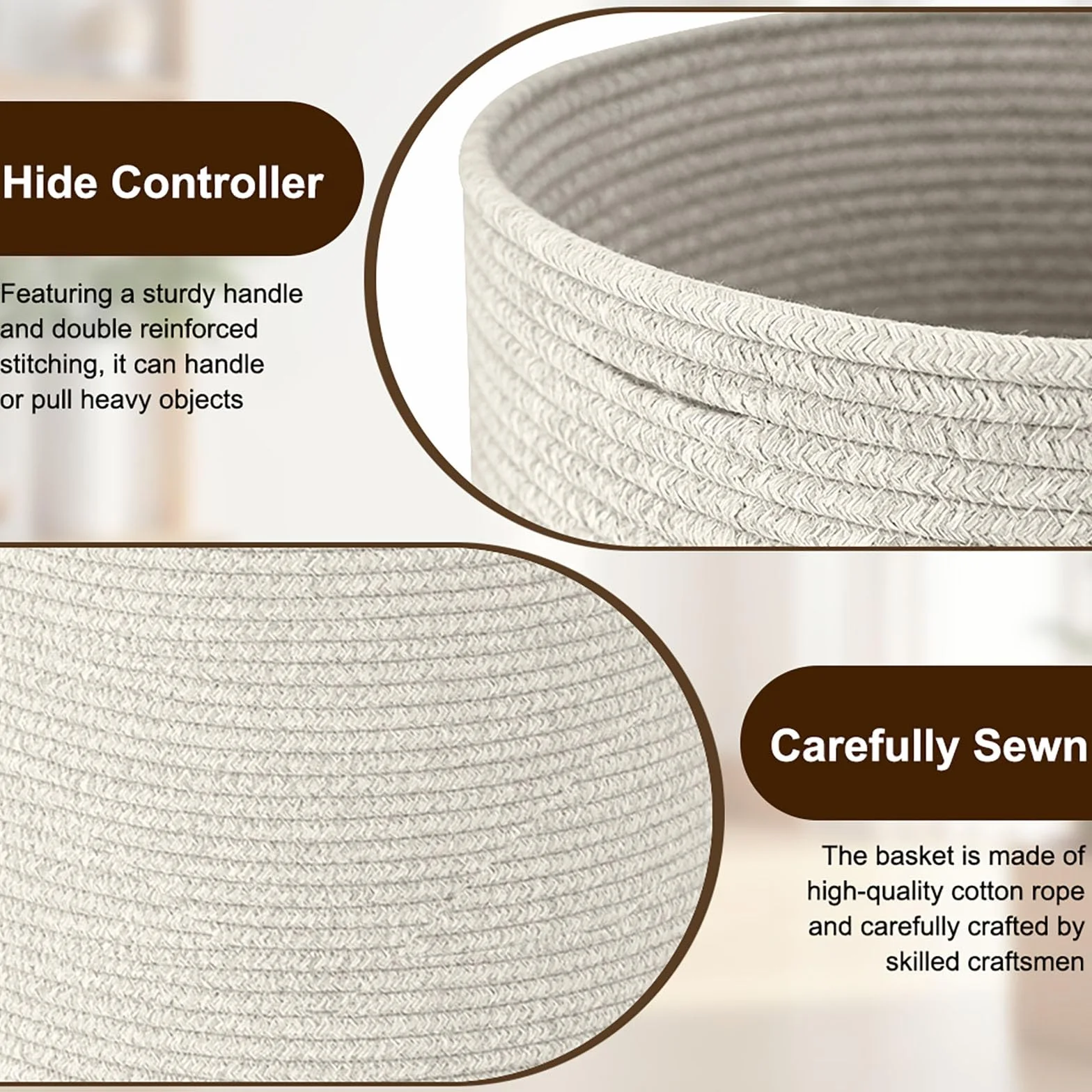 Cesto Portabiancheria in Corda di Cotone 40x35 cm con Manici, Organizzatore per Giocattoli, Abiti, Coperte (Beige)