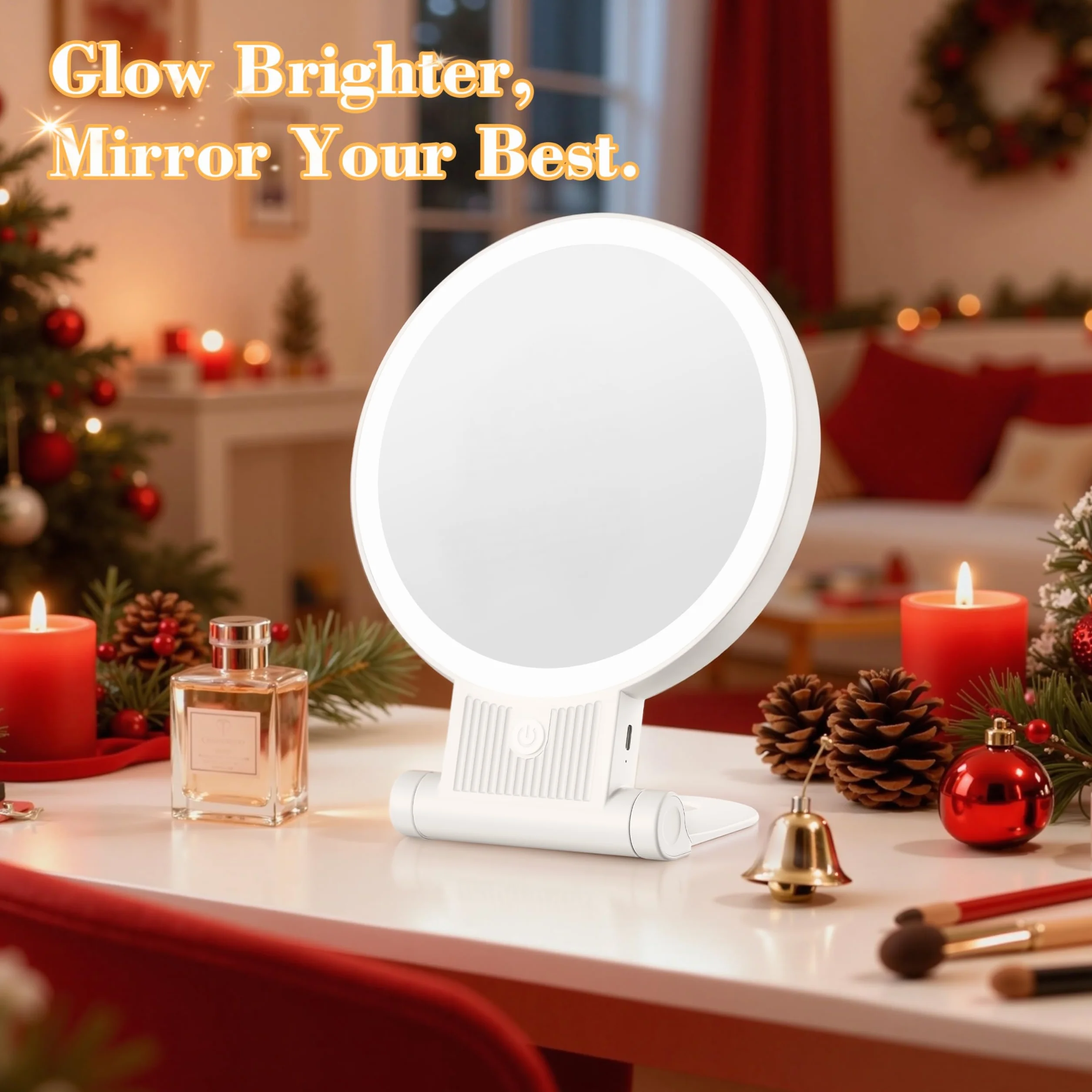 Auxmir Specchio Trucco con Luci LED, Specchio Ingranditore 30X/1X a Doppio Lato, Luminosità Regolabile a 3 Colori, Specchio da Tavolo Pieghevole con Foro per Appendere, Ricaricabile e Portatile