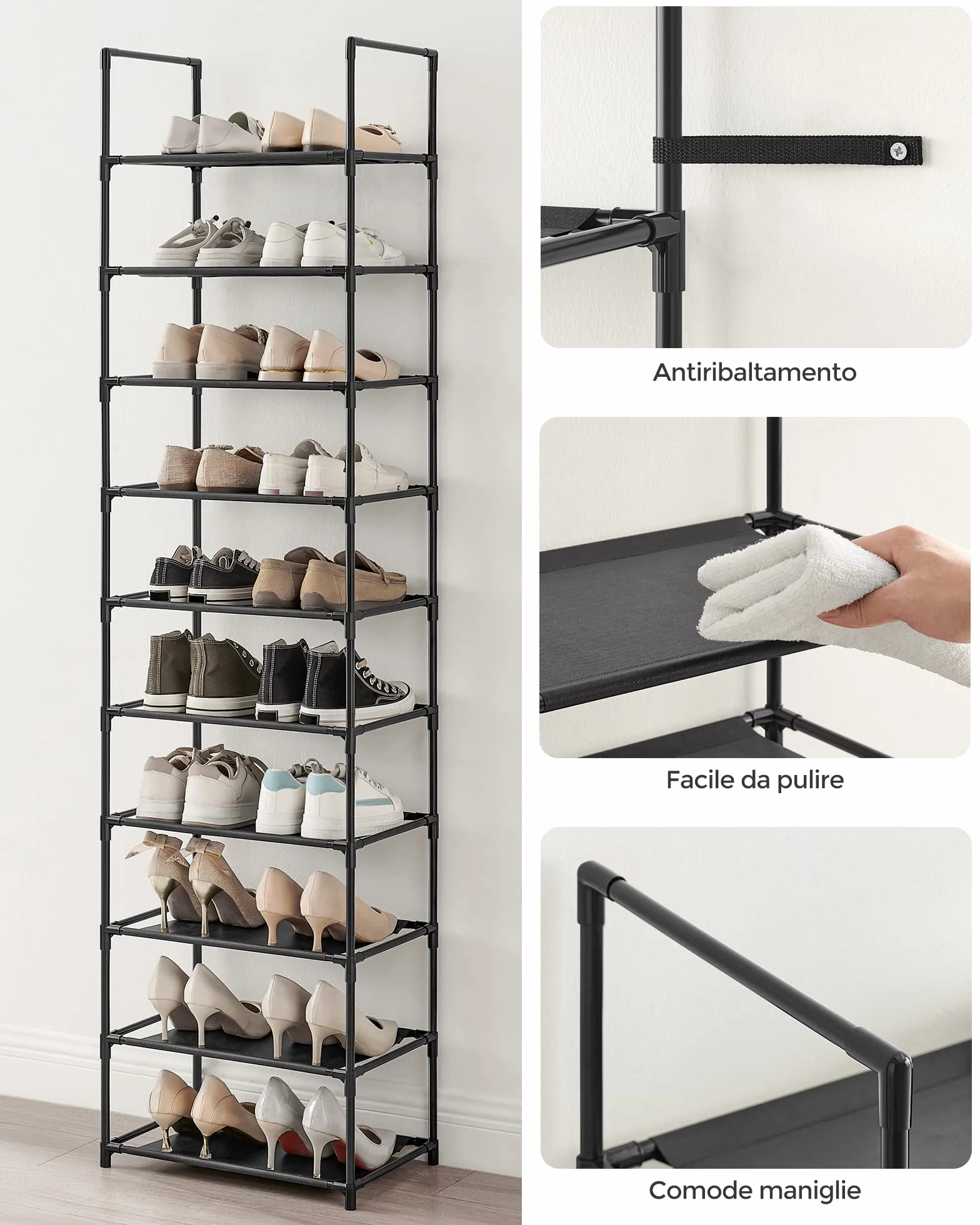 SONGMICS Scarpiera 10 Ripiani Scaffale Portascarpe 28 x 45 x 173 cm Telaio in Metallo Nero