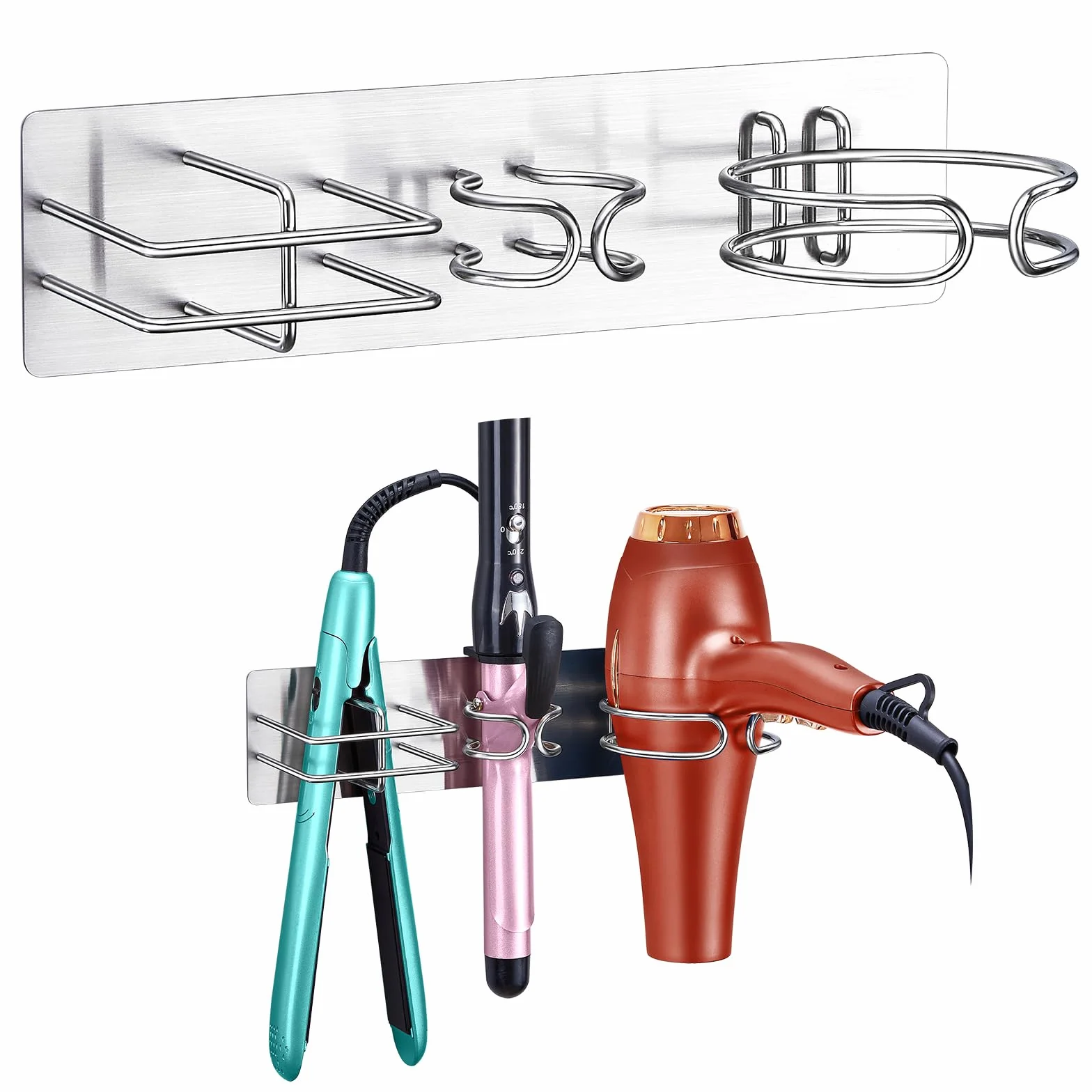 YYBO Porta Phon da Muro, 3 in 1 Supporto per Asciugacapelli, Piastra Capelli, Ferro Arricciacapelli, Metallo Porta Asciugacapelli e Piastra Adesivo (Argento)