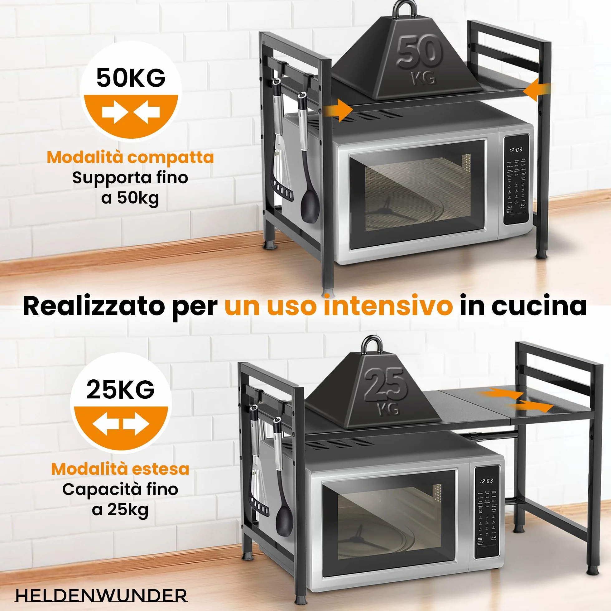 Heldenwunder Mensola Mobile Cucina Salvaspazio Acciaio 2 Ripiani Organizer Forno Mobiletto Supporto Microonde Regolabile Nero