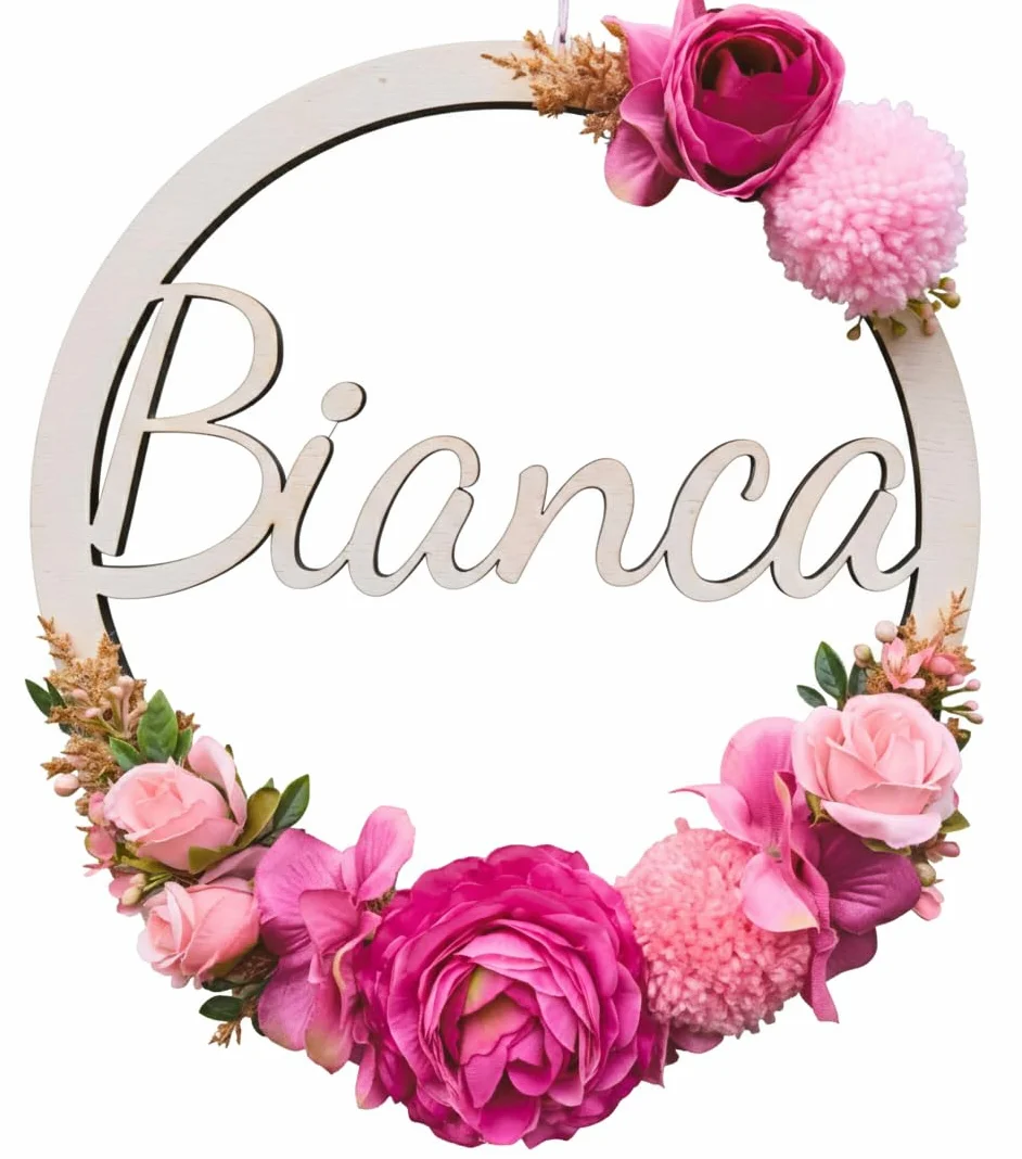 Drewniana Girlanda z Kwiatami Personalizowana na Nascita Bimba, Dekoracja do Pokoju Dziecka, Prezent na Chrzest i Komunię