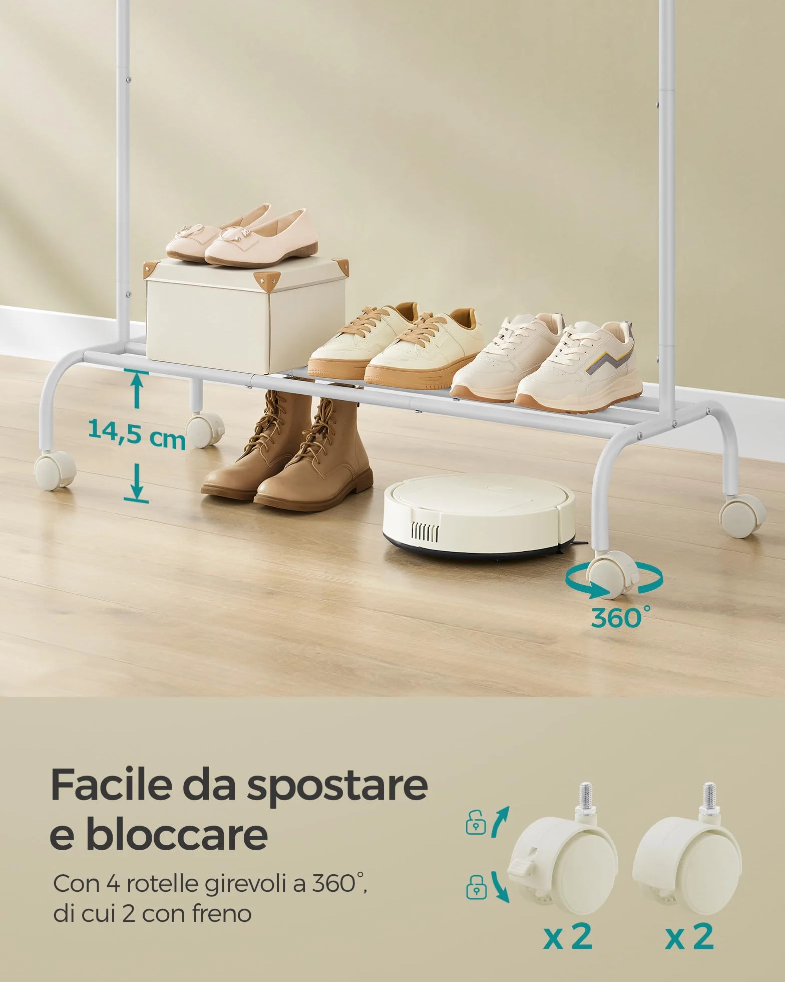 SONGMICS Appendiabiti singolo, struttura in metallo resistente, con ruote e ripiano, portata massima 50 kg, larghezza 103,5 cm, colore: bianco nuvola HSR131W01