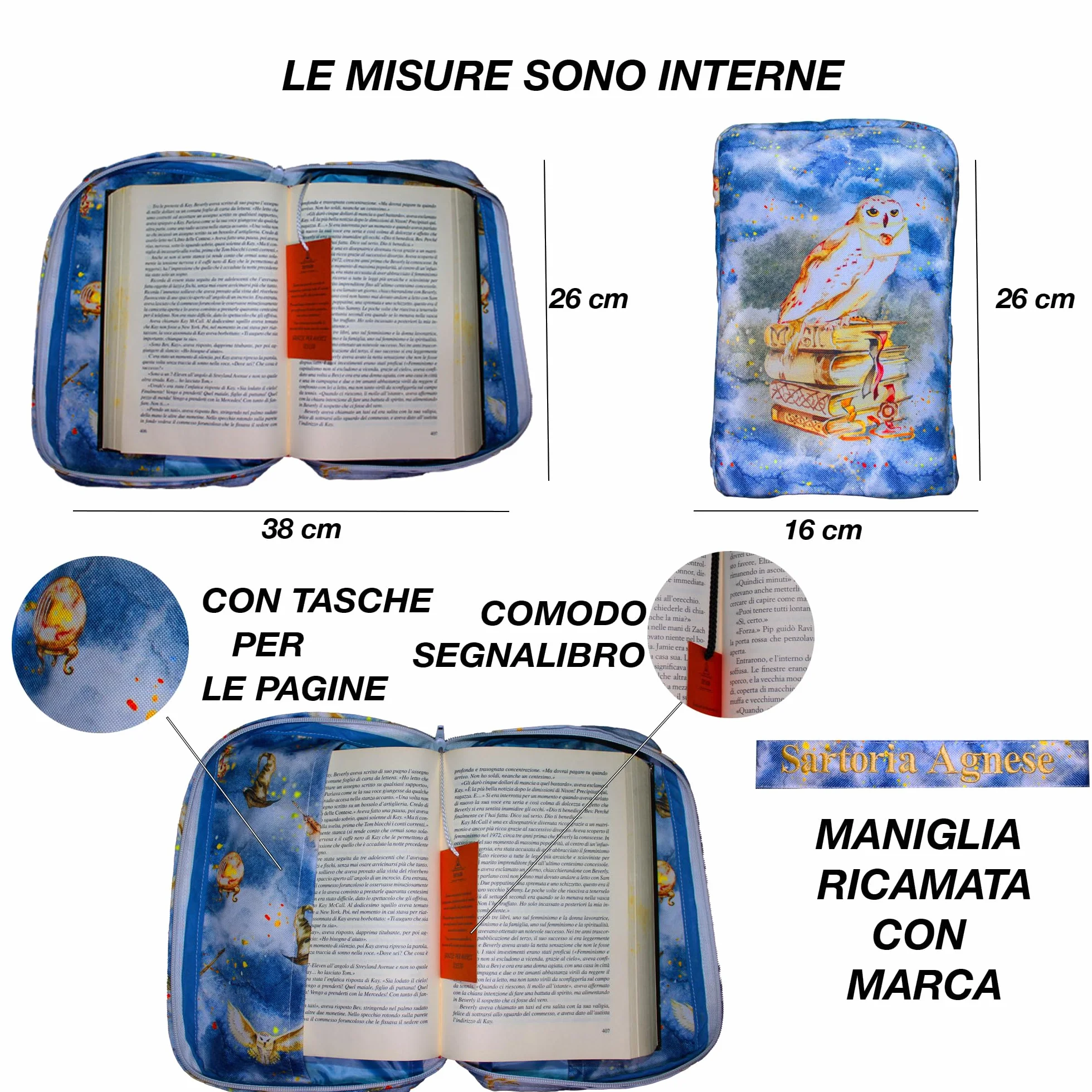 SARTORIA AGNESE Custodia Libro Artigianale con Cerniera, Porta Libro Stoffa Impermeabile, Copertina del libro 26x16, Regalo per una Lettrice