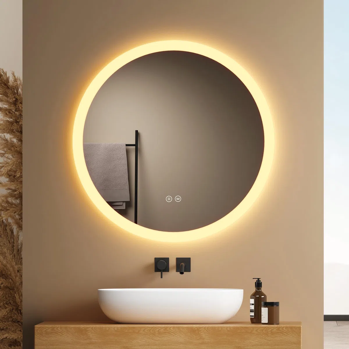 EMKE Specchio da bagno Rotondo 60x60 cm – Anti-Appannamento, Specchio bagno con luce con 3 tonalità di colore, luminosità regolabile, memoria, spegnimento automatico dopo 3 h, specchio LED